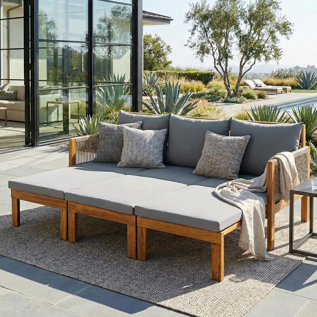 Acacia Wood Convertible Outdoor Daybed with Waterproof Cushions
