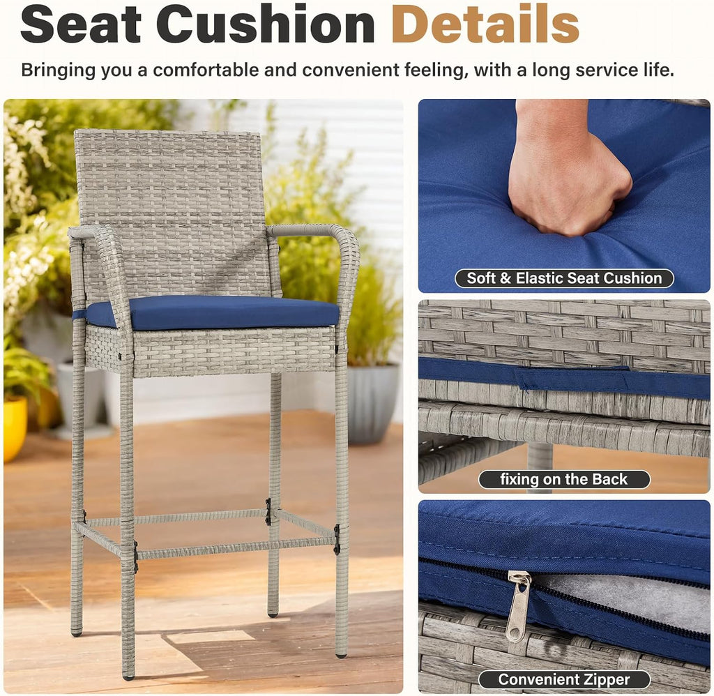Grey Blue Wicker Outdoor Bar Stools with Armrest & Cushion