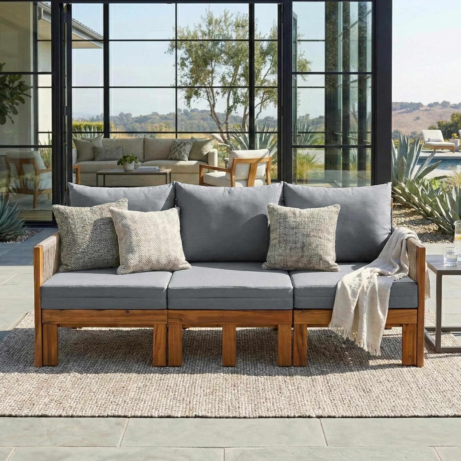 Acacia Wood Convertible Outdoor Daybed with Waterproof Cushions