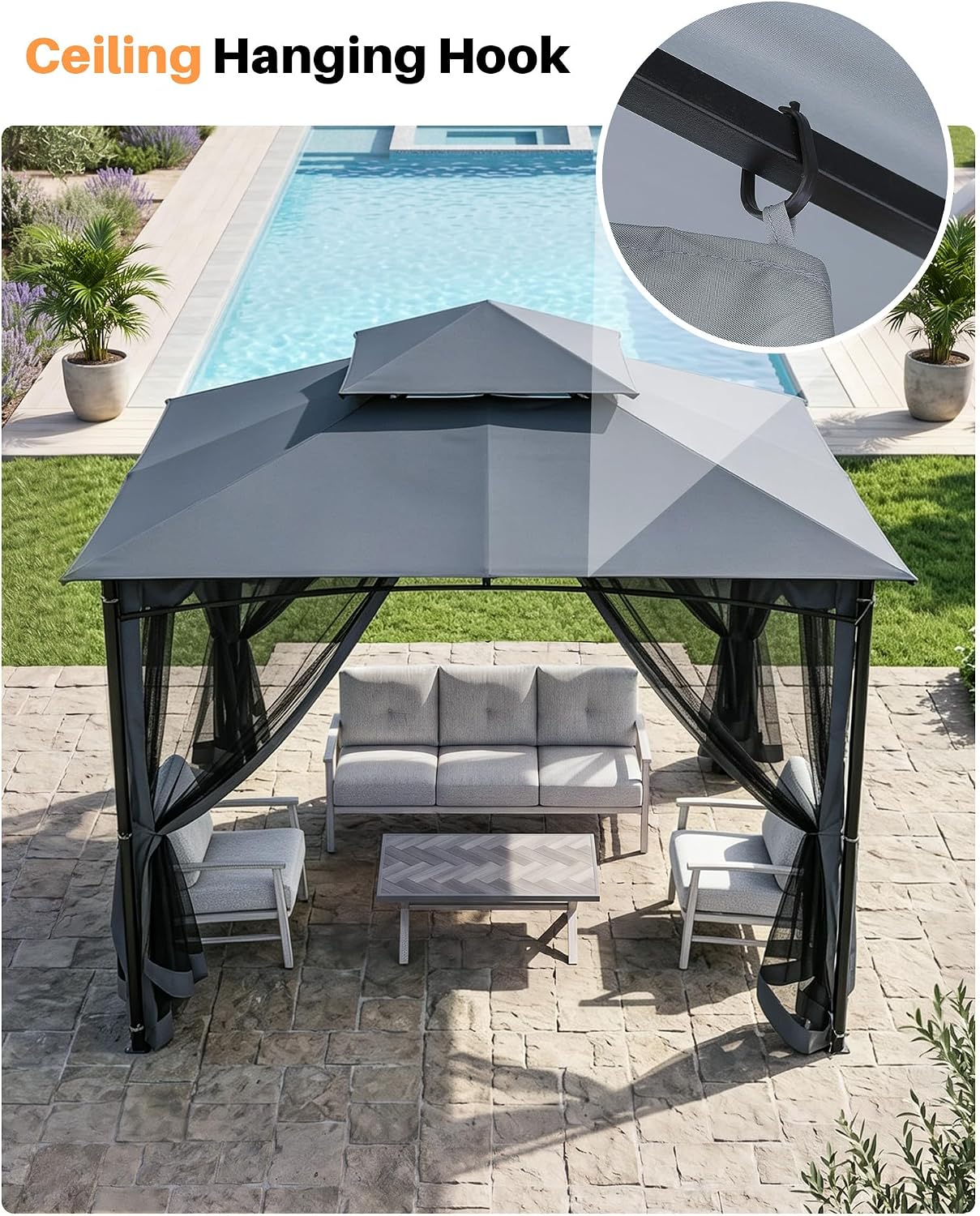 Steel Gray Metal Outdoor Gazebo with Netting