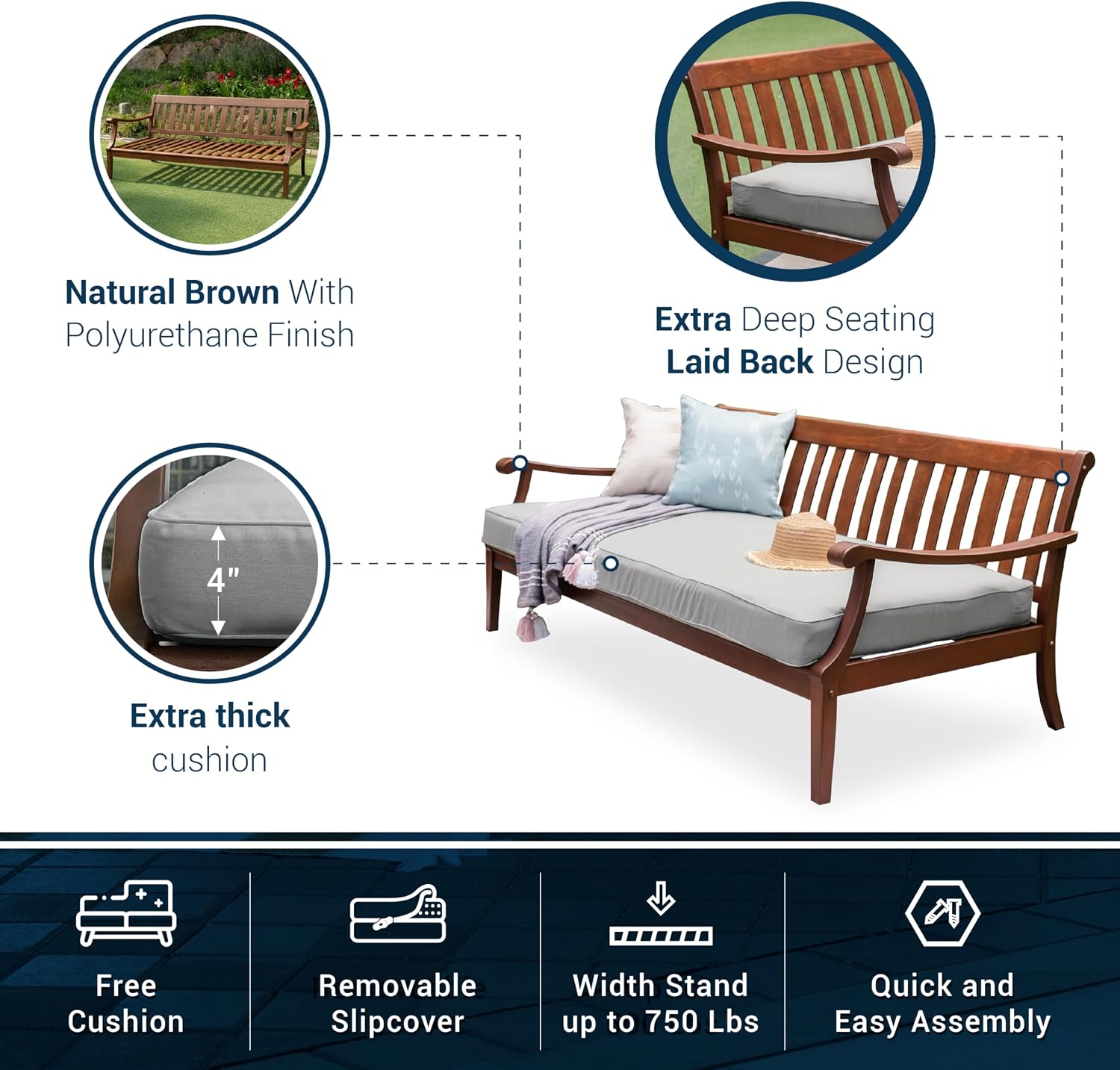 Natural Brown Oyster 3-Seater Outdoor Wood Daybed with Cushion