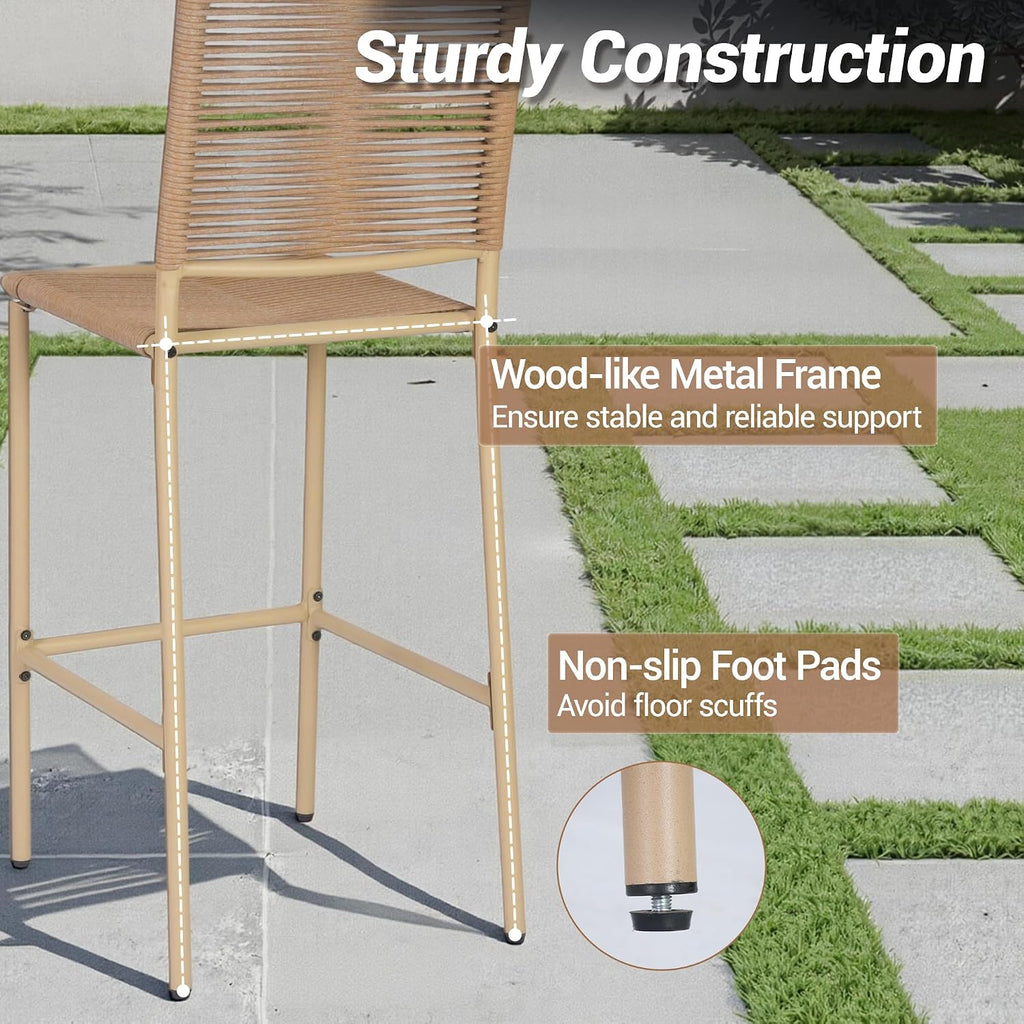 Set of 4 Yellow Wicker Outdoor Bar Stools with High Backrest