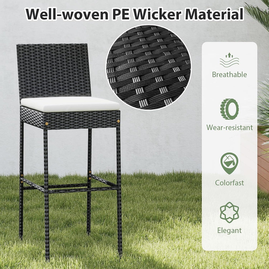 Set of 4 Black Wicker Outdoor Bar Stools with Cushions