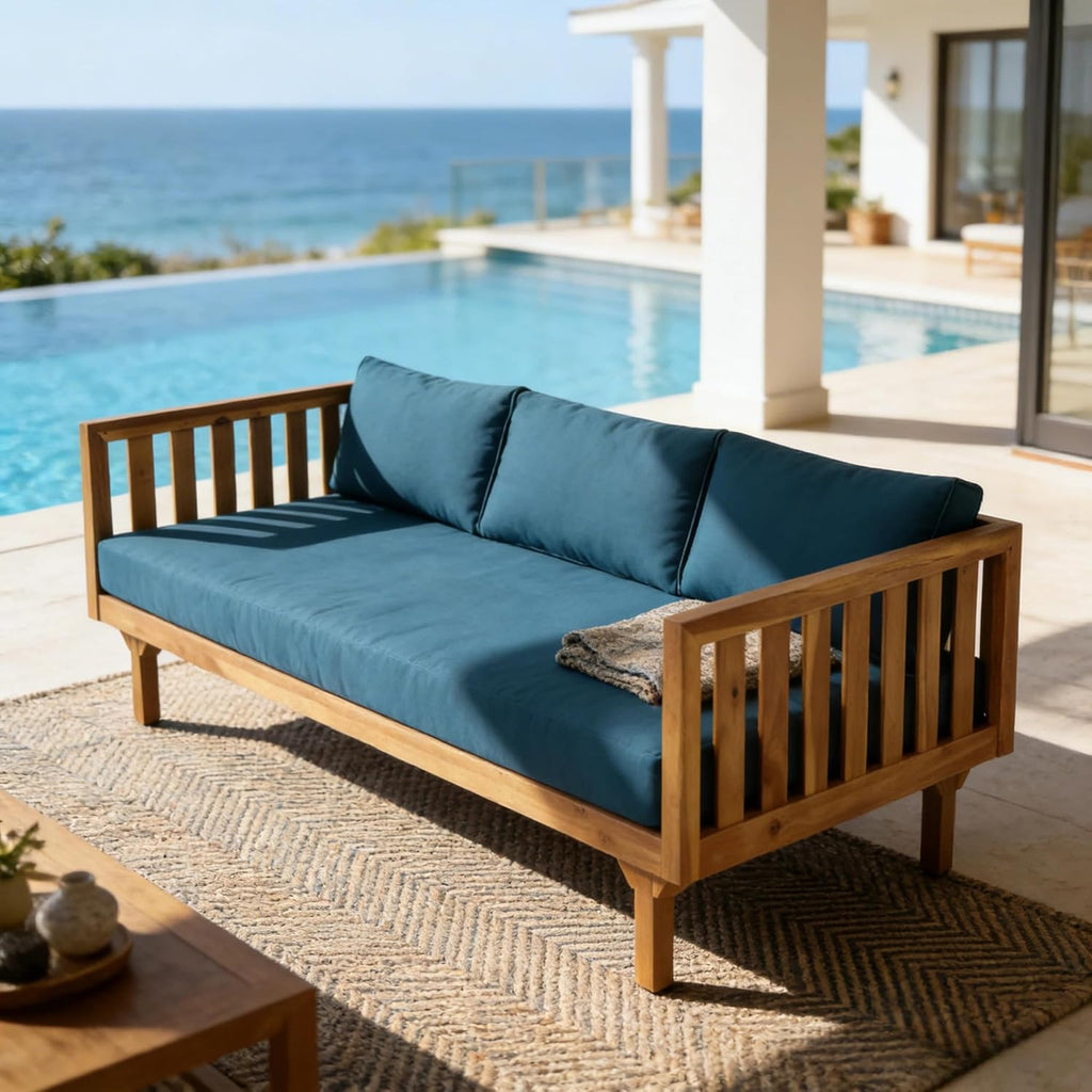 Dark Teal Acacia Wood 3-Seater Outdoor Daybed with Cushions