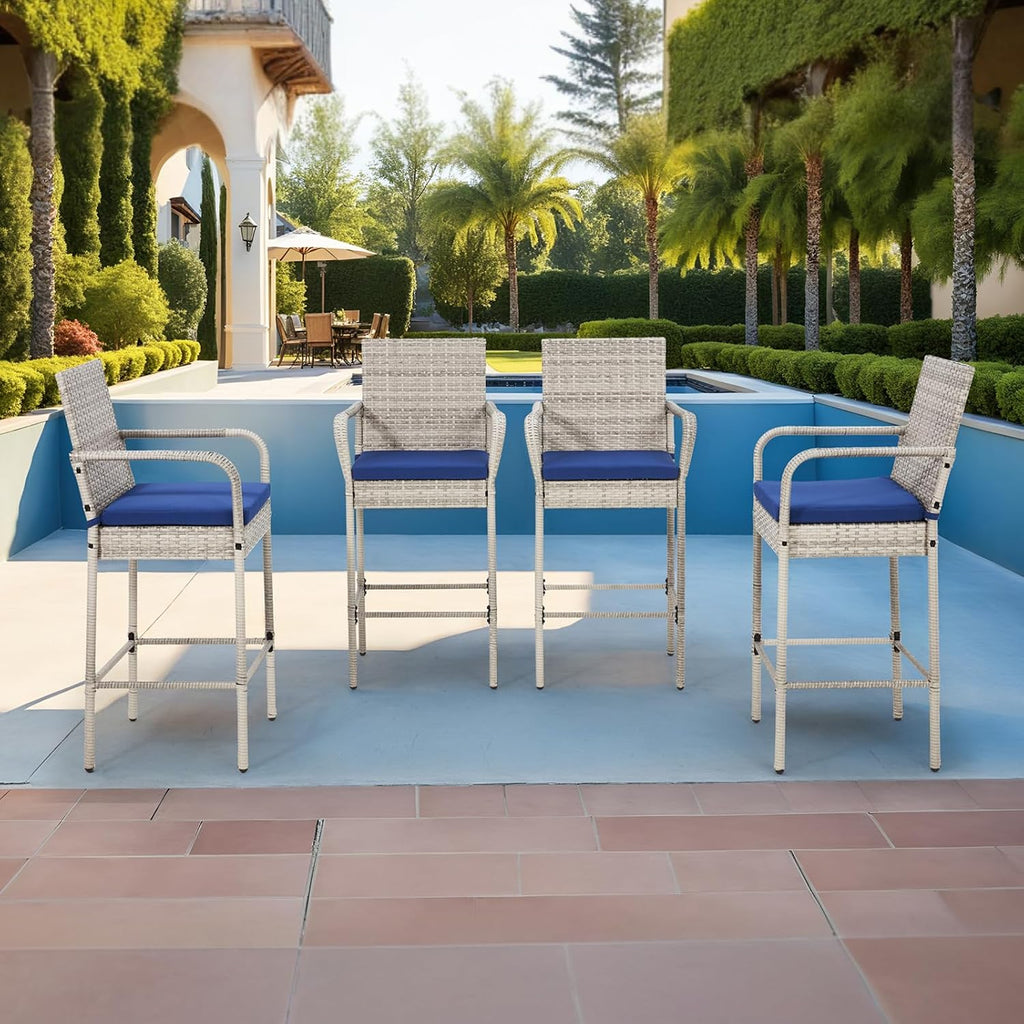 Grey Blue Wicker Outdoor Bar Stools with Armrest & Cushion