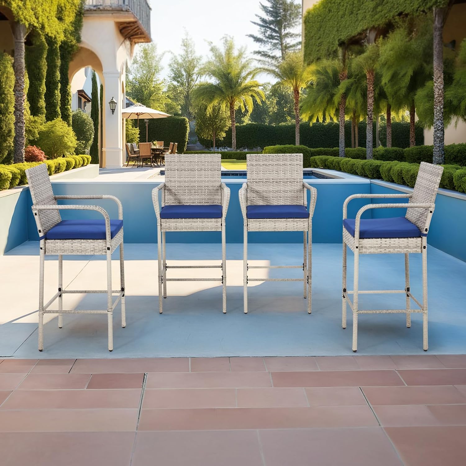 Grey Blue Wicker Outdoor Bar Stools with Armrest & Cushion