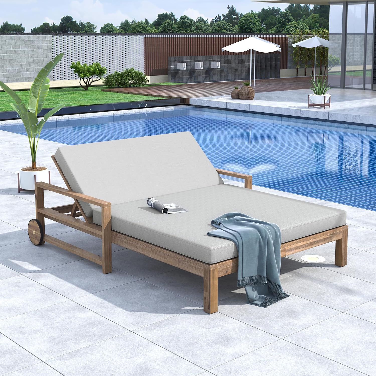 Grey Acacia Wood Outdoor Double Daybed with Cushions