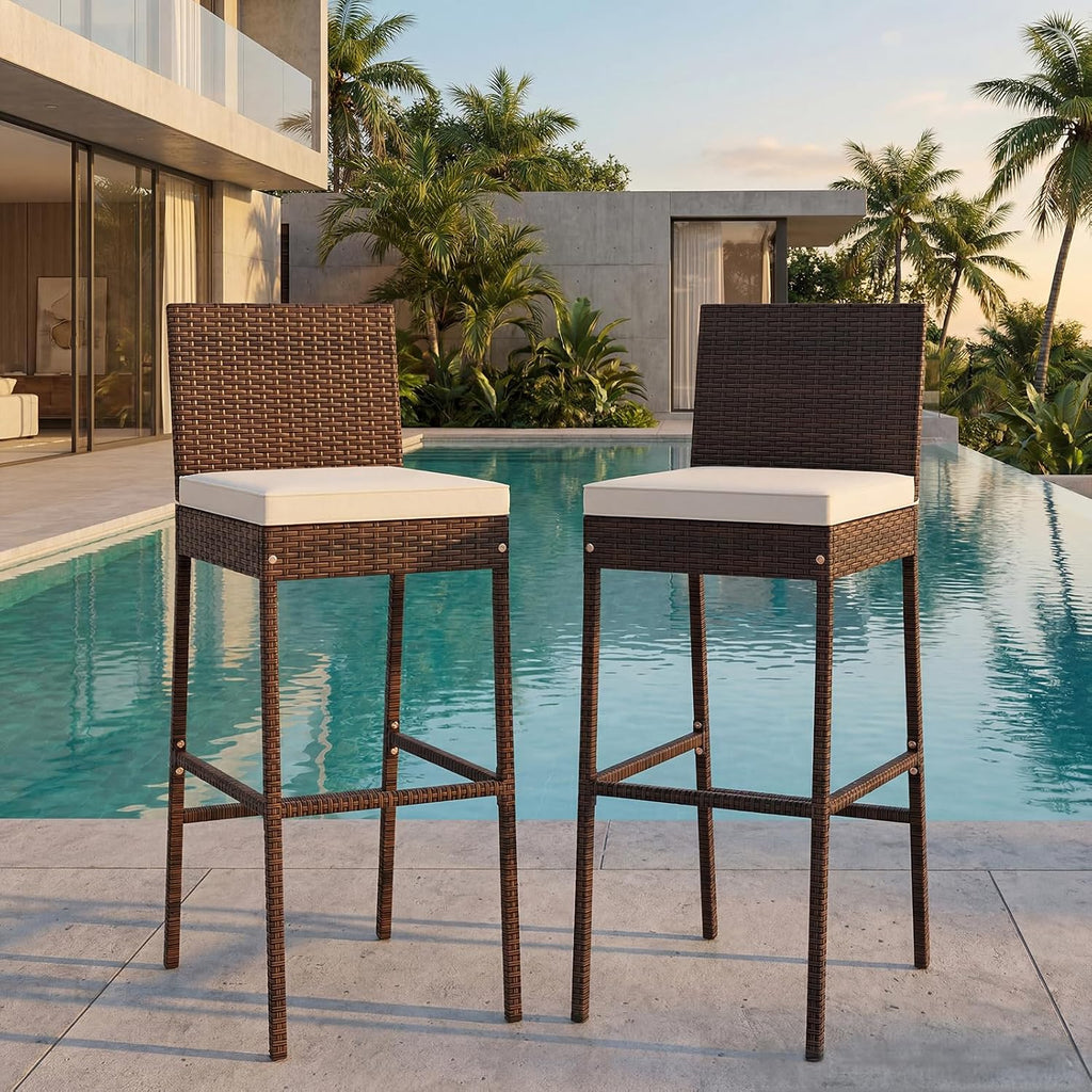 Set of 4 Wicker Outdoor Bar Stools with Cushions