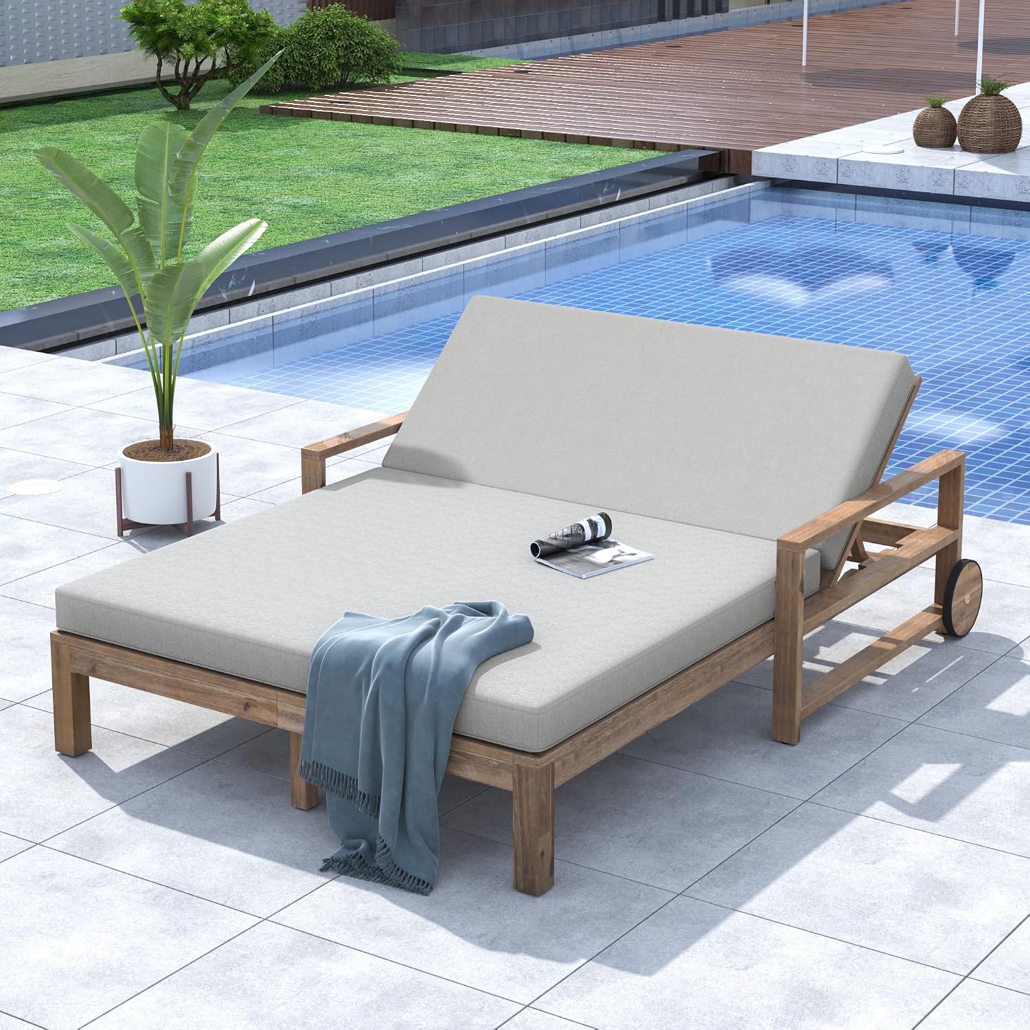 Grey Acacia Wood Outdoor Double Daybed with Cushions