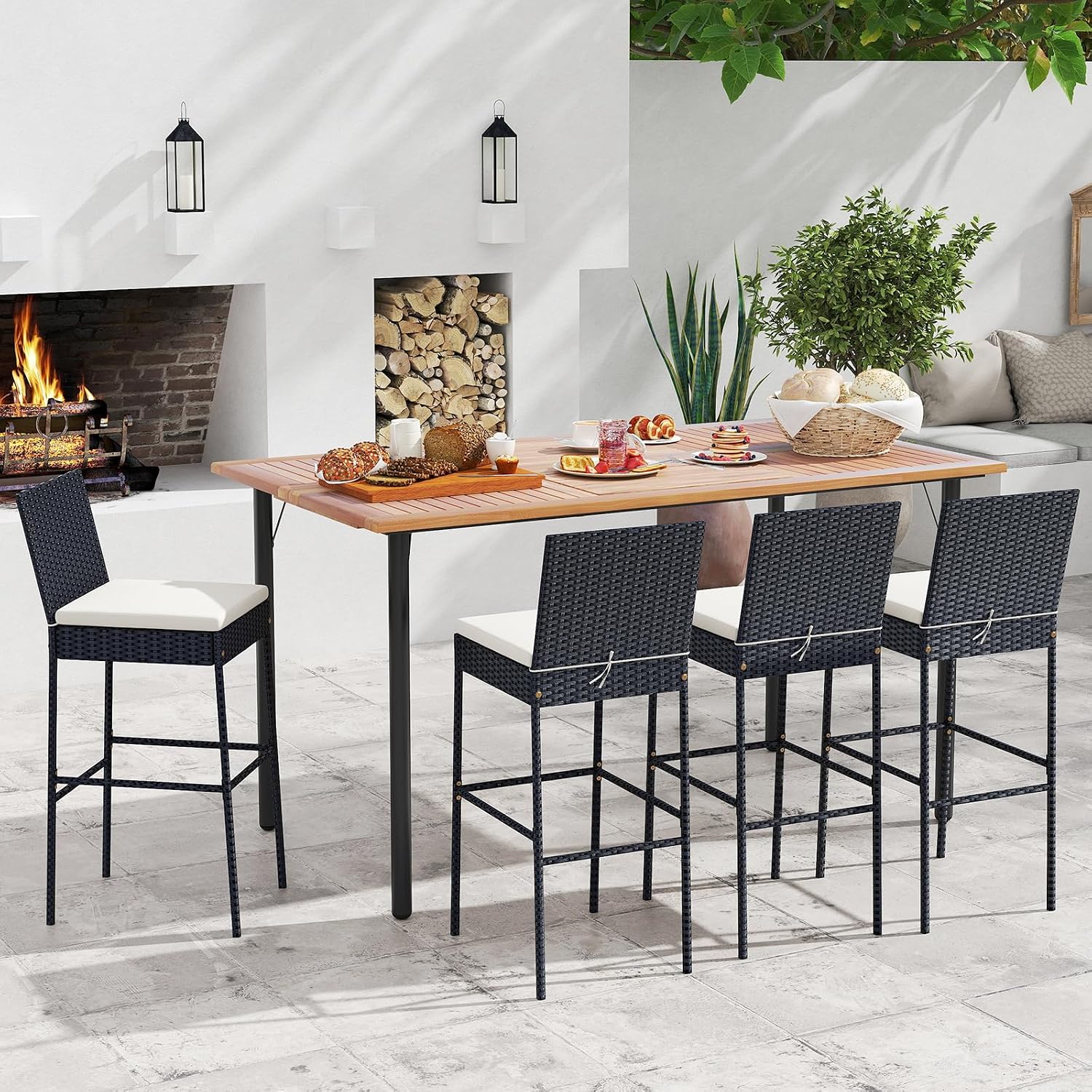Set of 4 Black Wicker Outdoor Bar Stools with Cushions