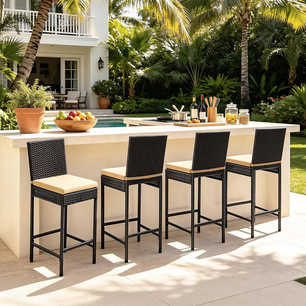 Set of 2 Brown Wicker Outdoor Bar Stools with Cushion