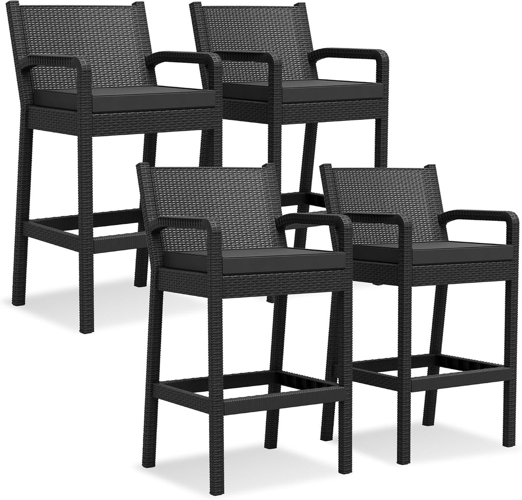 Set of 4 Black Wicker Outdoor Bar Stools with Cushions