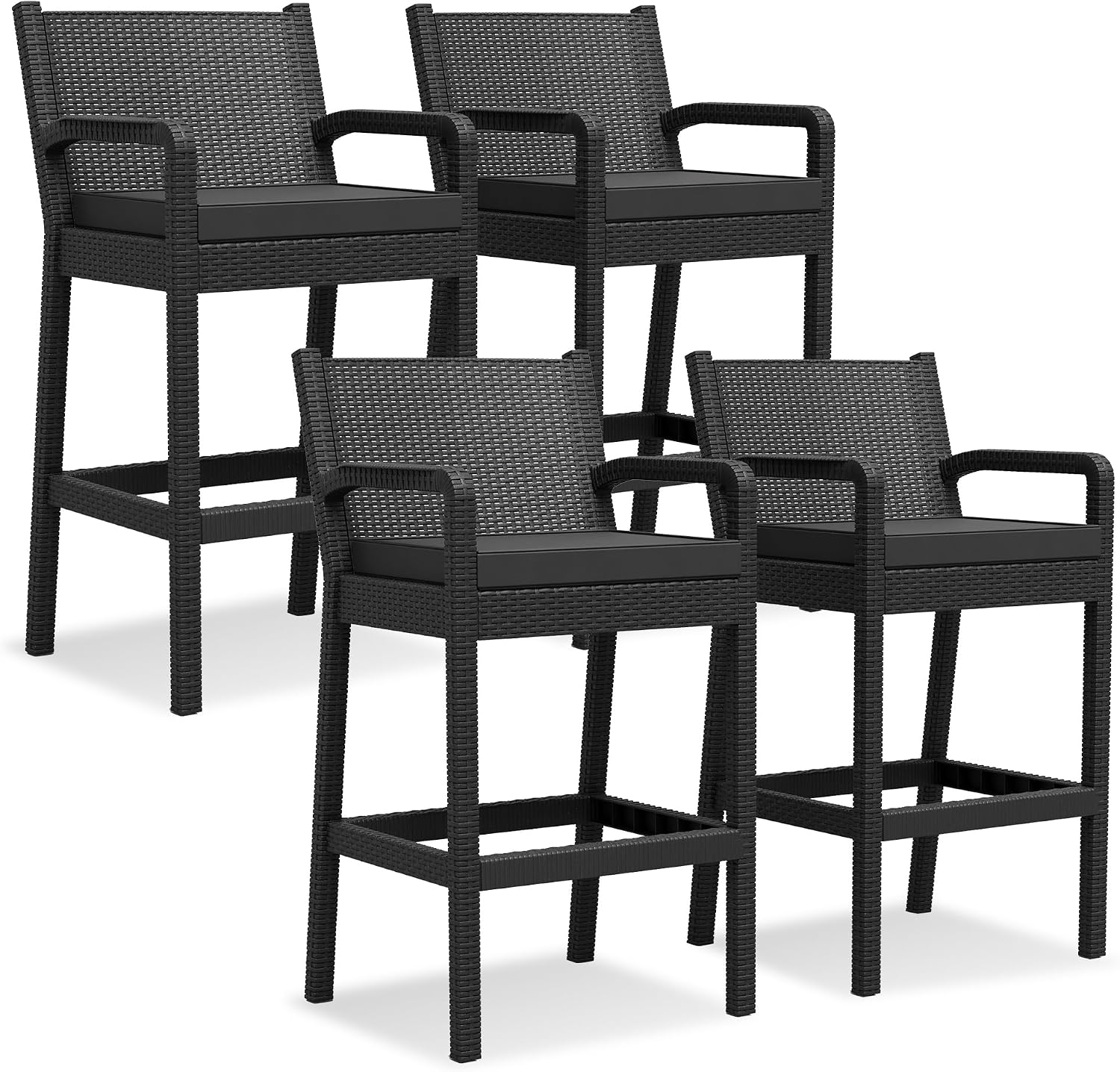 Set of 4 Black Wicker Outdoor Bar Stools with Cushions