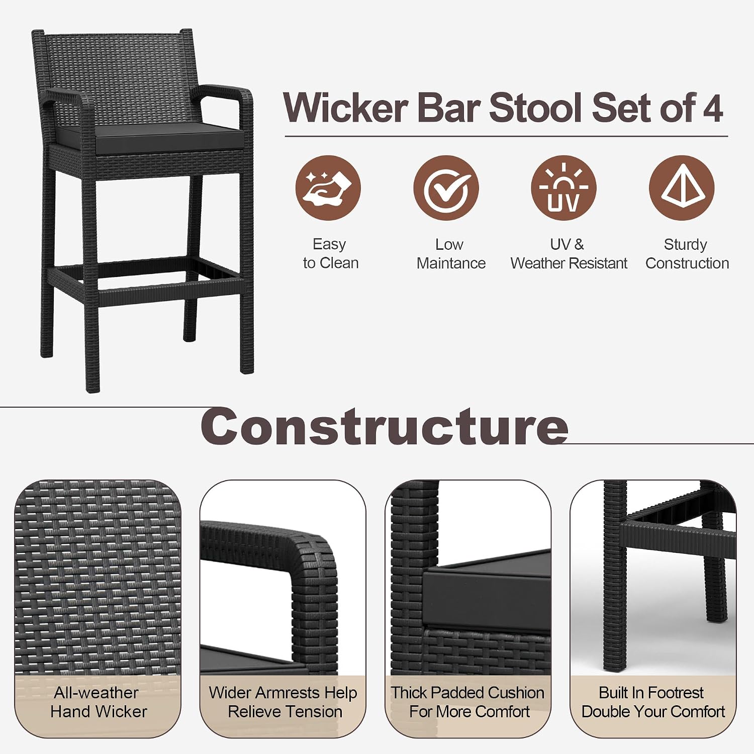Set of 4 Black Wicker Outdoor Bar Stools with Cushions