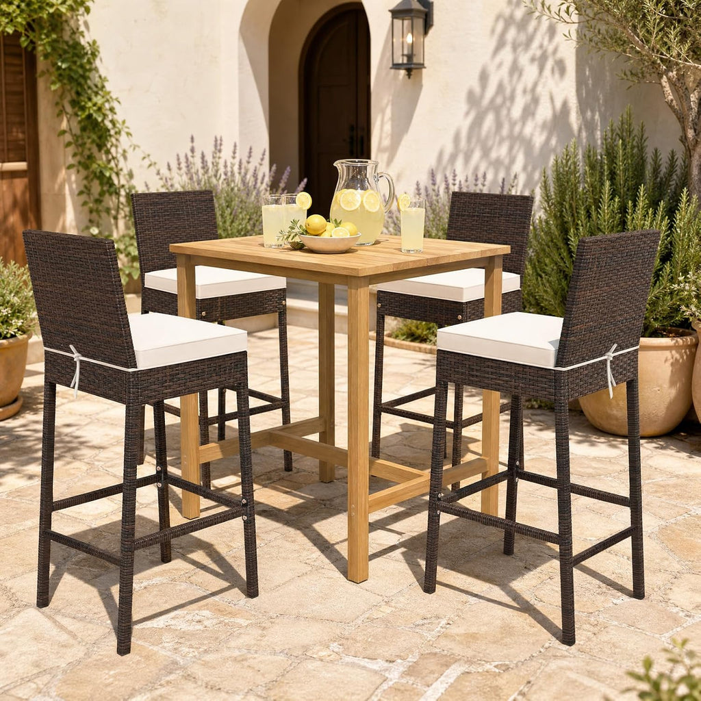 Set of 4 Wicker Outdoor Bar Stools with Cushions