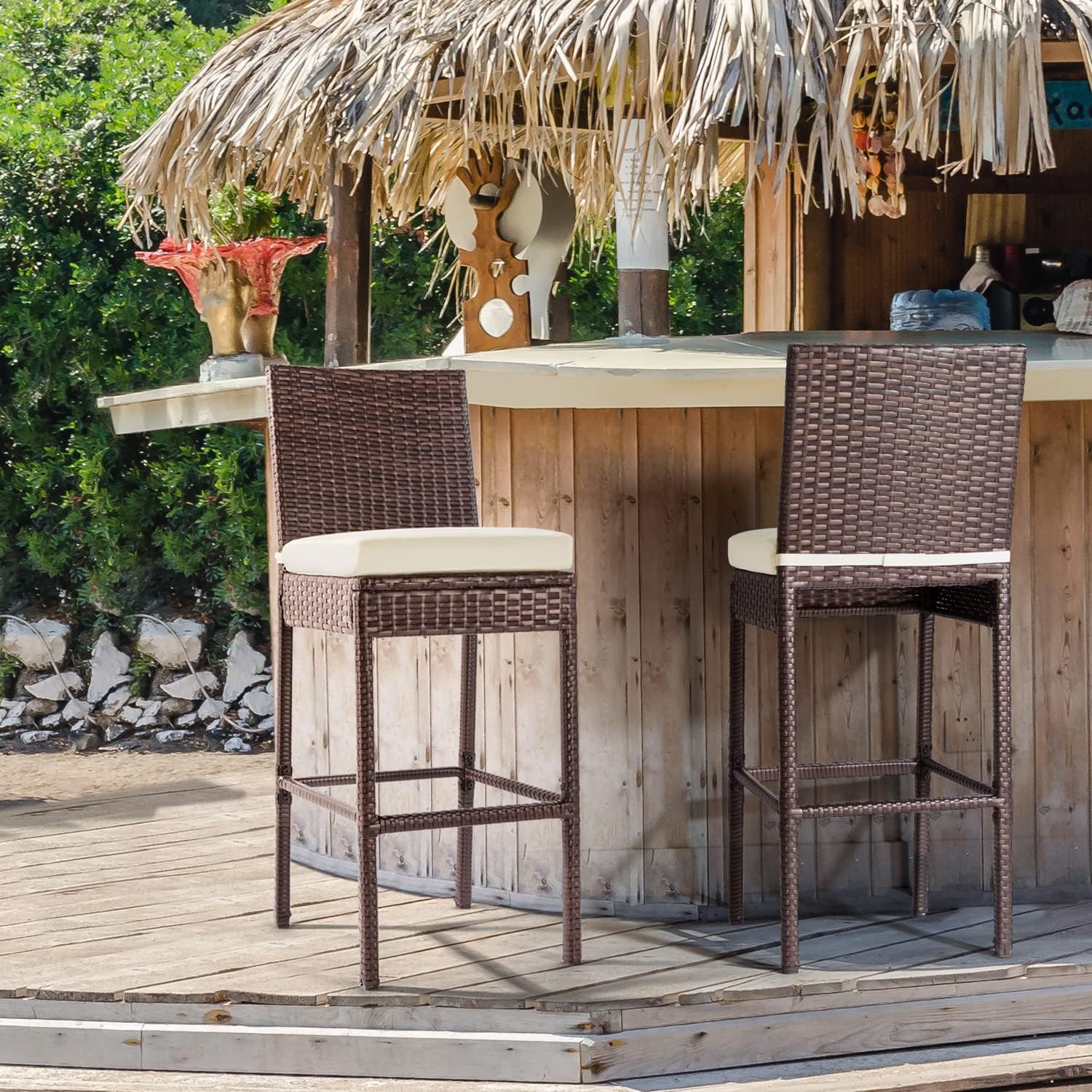 Set of 2 Beige Wicker Outdoor Bar Stools with Cushions