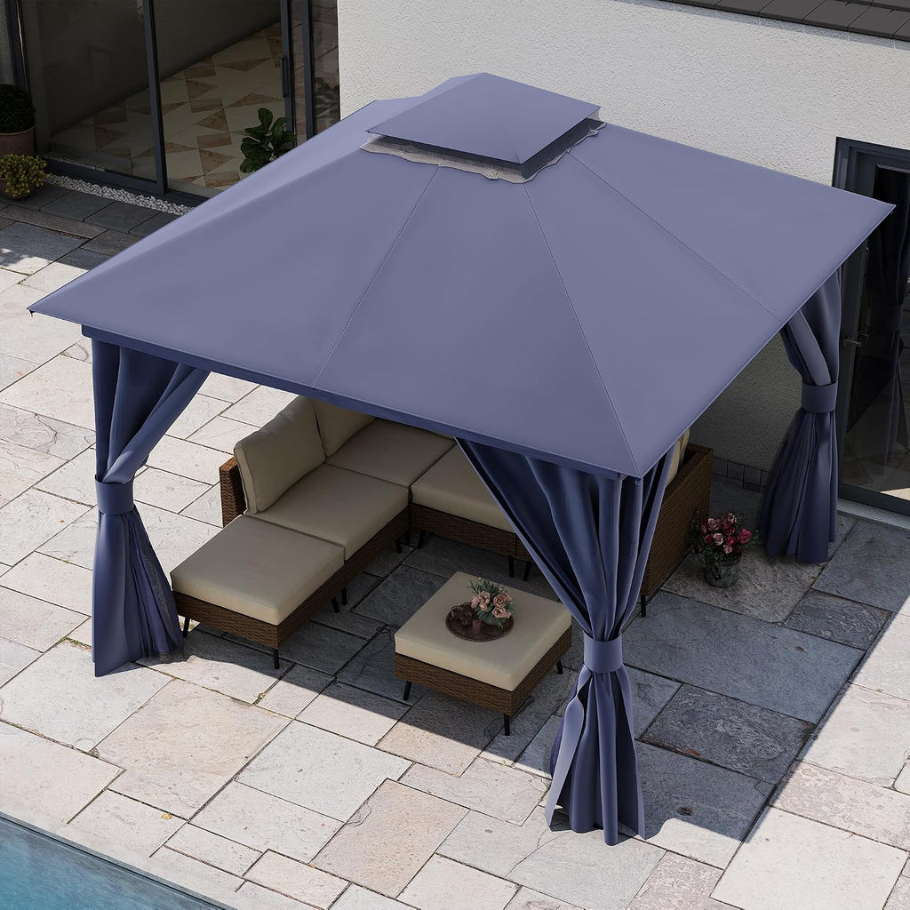 10'x10' Navy Blue Metal Outdoor Gazebo with Double Roof & Netting