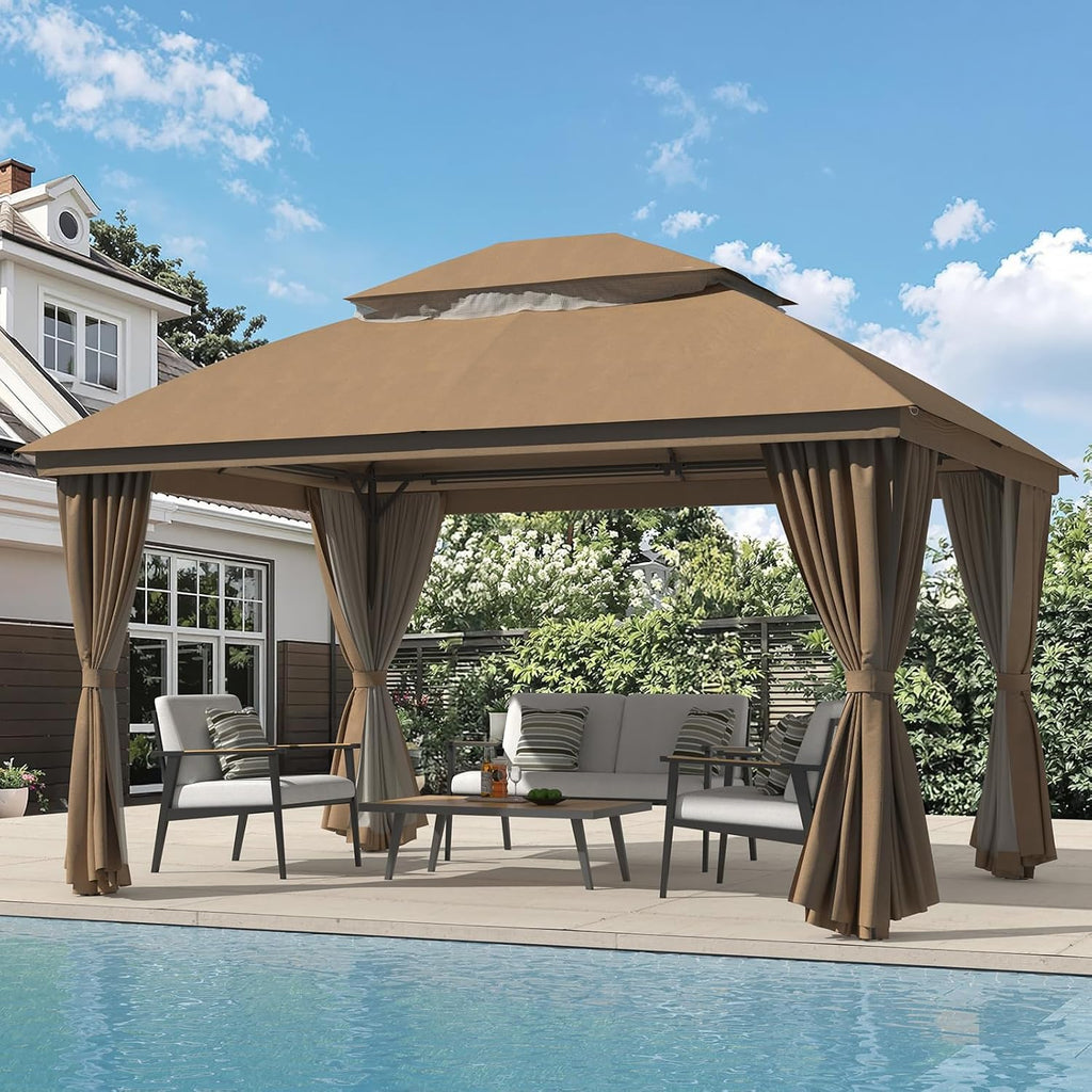 Coffee Metal Outdoor Gazebo with Netting