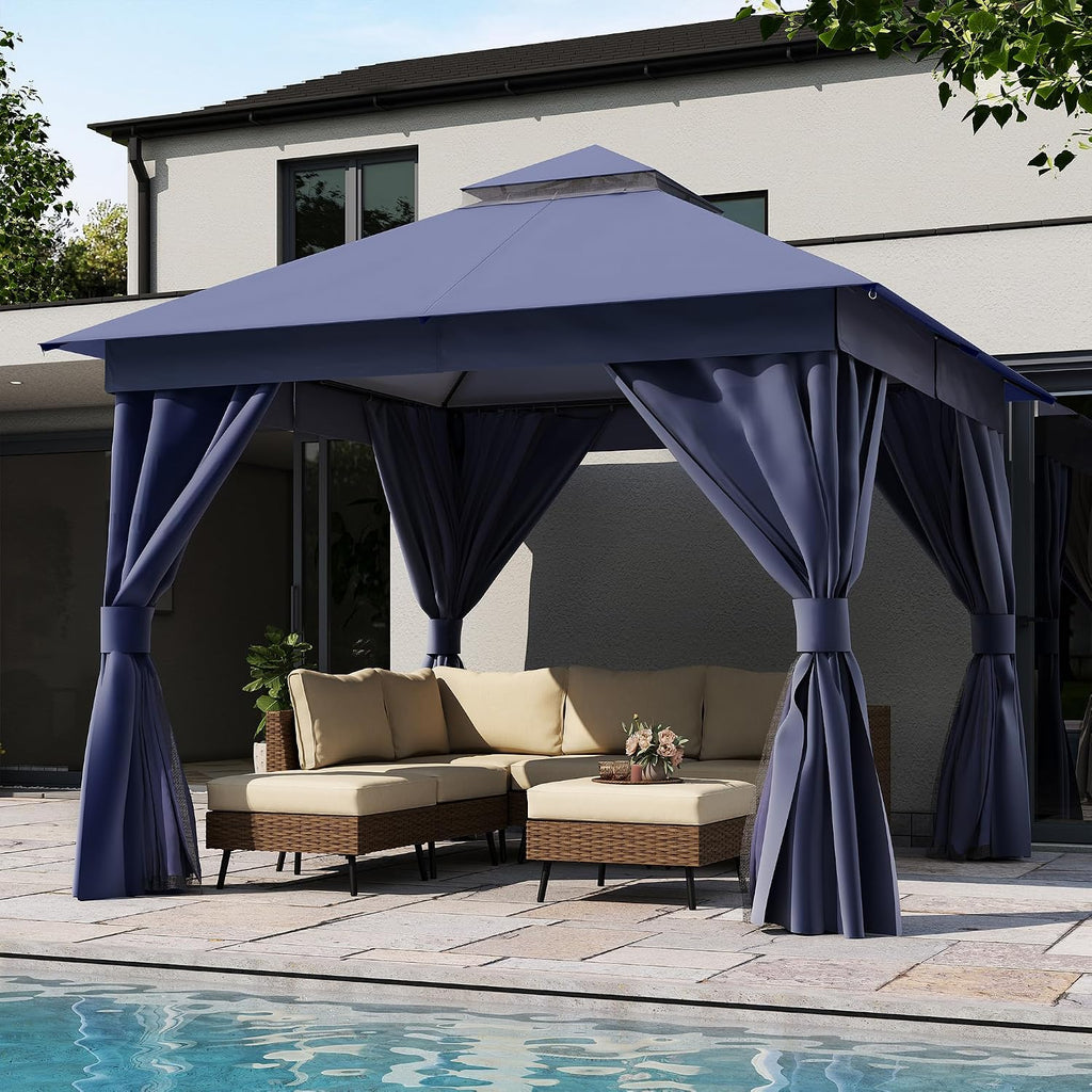 10'x10' Navy Blue Metal Outdoor Gazebo with Double Roof & Netting