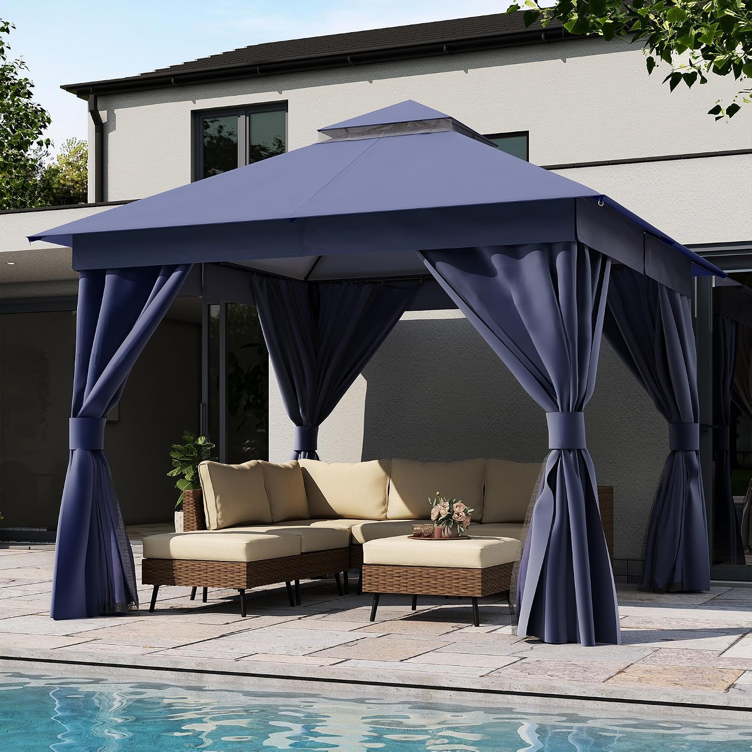 10'x10' Navy Blue Metal Outdoor Gazebo with Double Roof & Netting