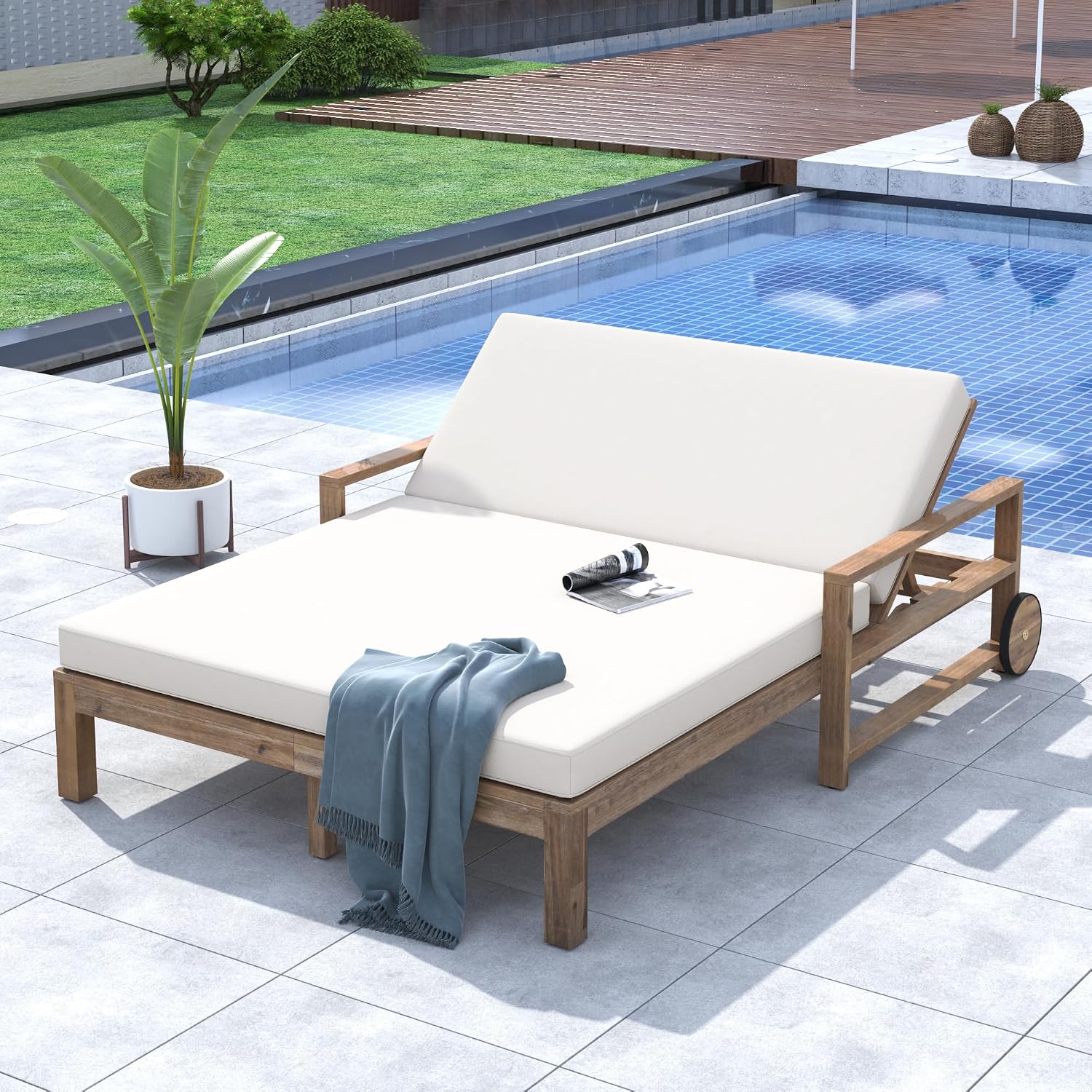 Beige Acacia Wood Adjustable Outdoor Daybed with Cushions