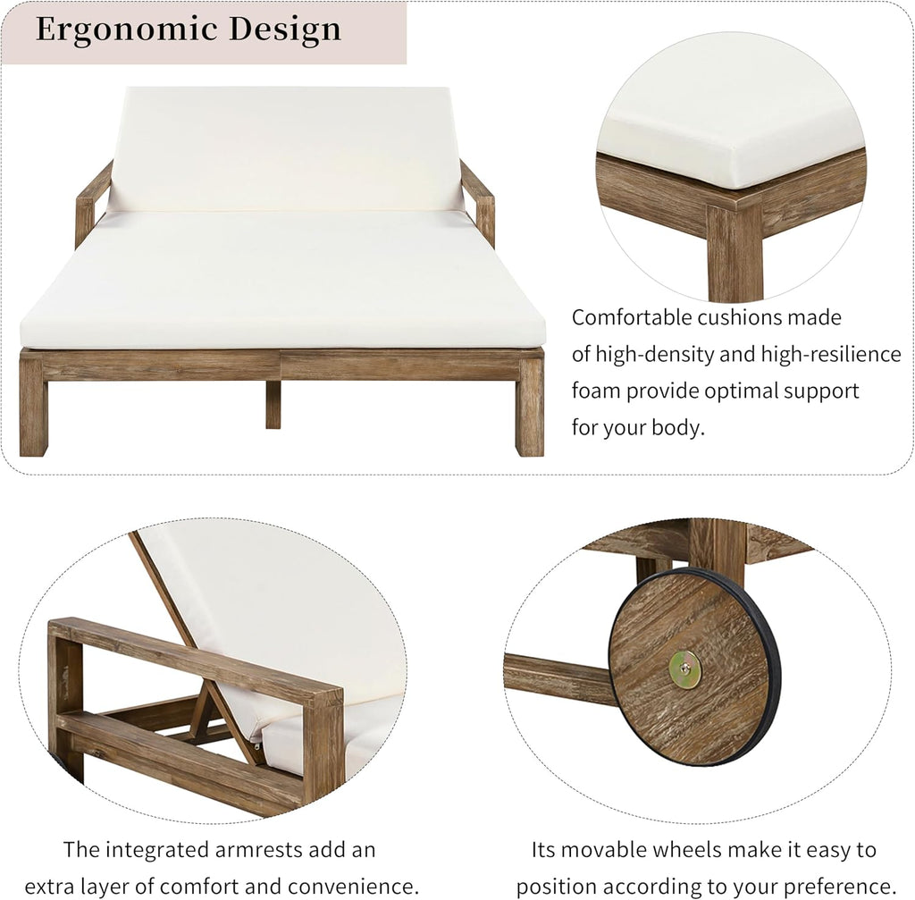 Beige Acacia Wood Adjustable Outdoor Daybed with Cushions