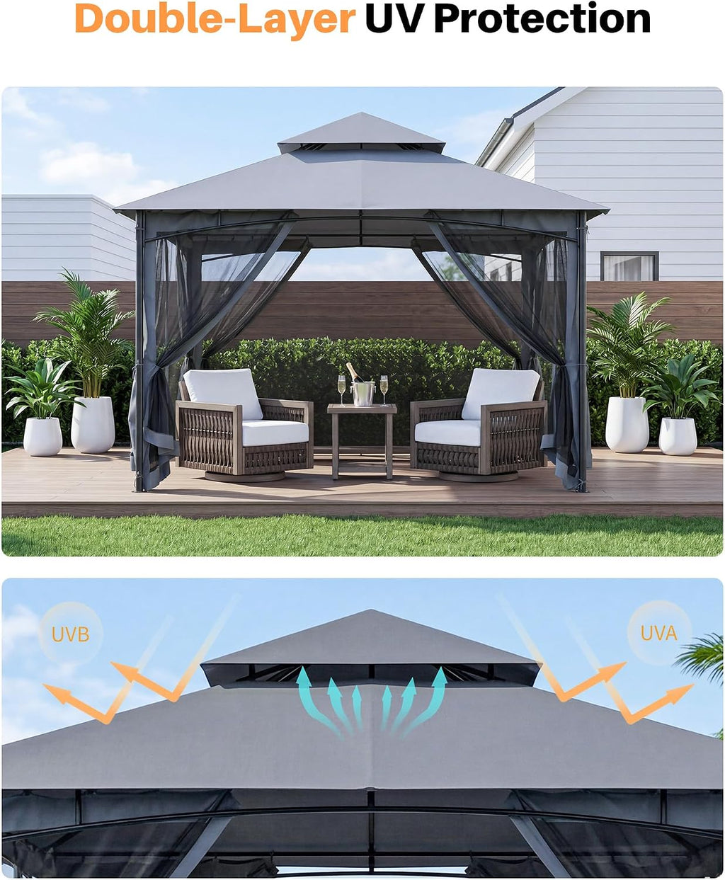 Steel Gray Metal Outdoor Gazebo with Netting