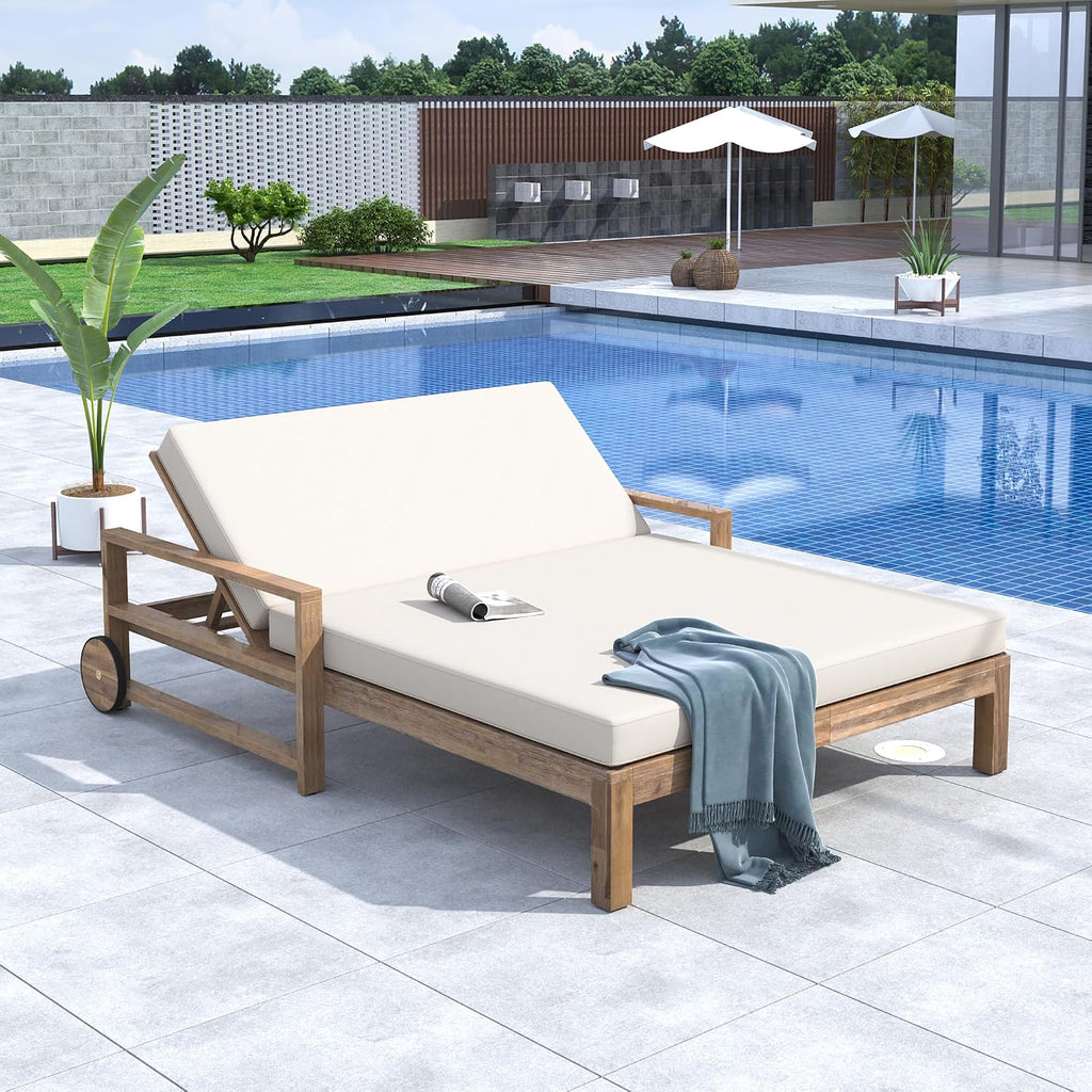 Beige Acacia Wood Adjustable Outdoor Daybed with Cushions