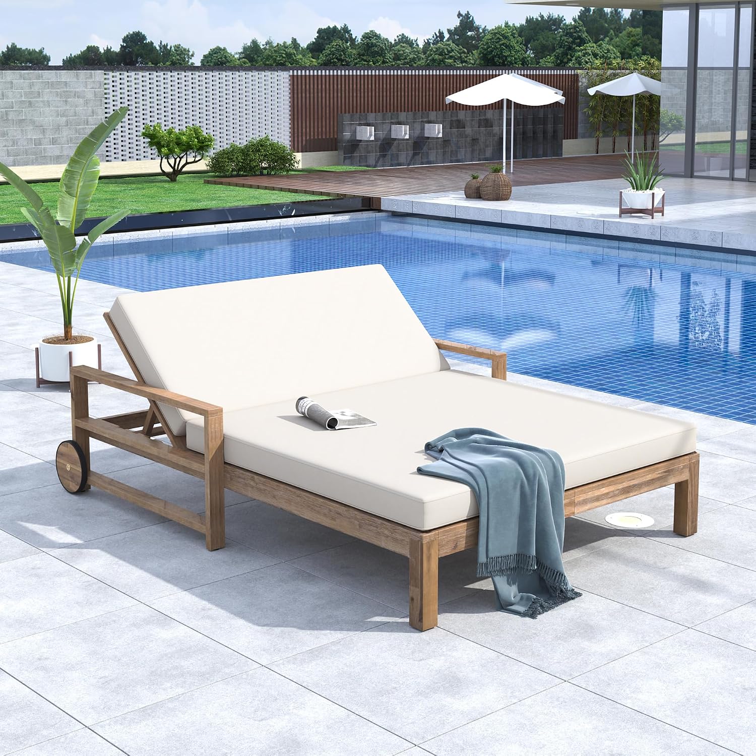 Beige Acacia Wood Adjustable Outdoor Daybed with Cushions