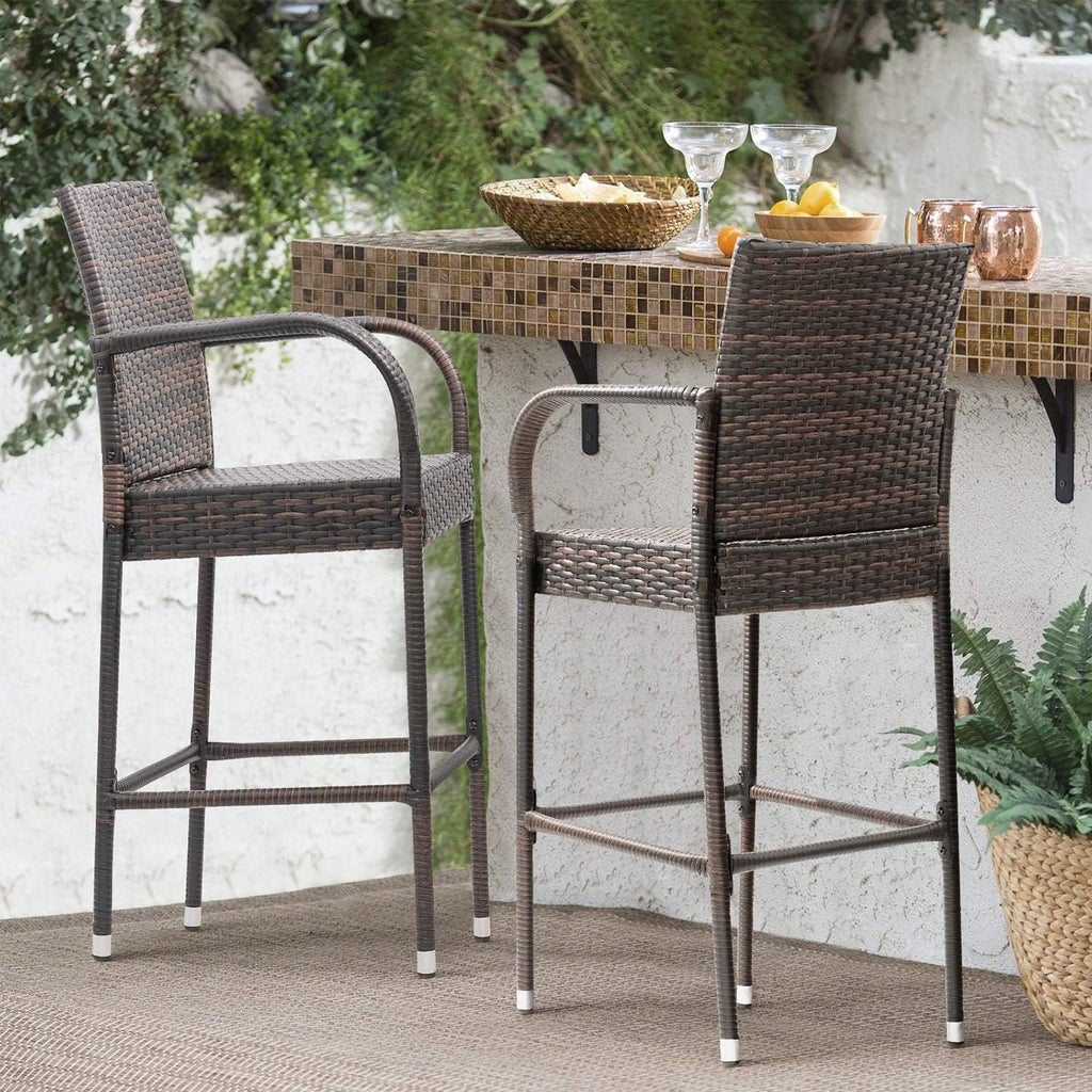 Set of 2 Brown Wicker Outdoor Bar Stools with Armrest