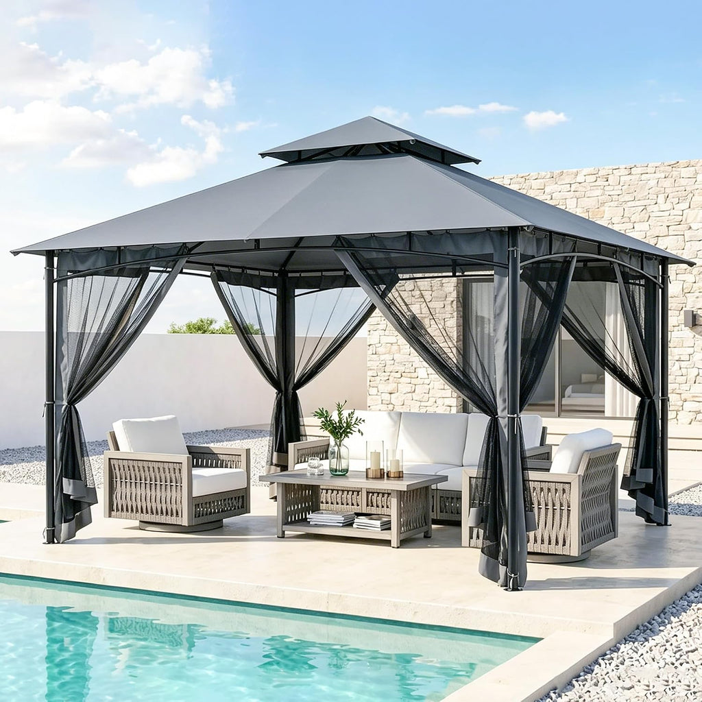 Steel Gray Metal Outdoor Gazebo with Netting
