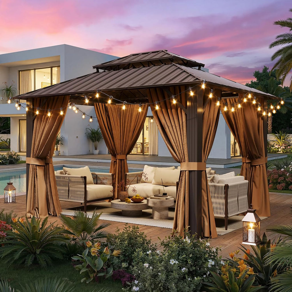 10x12FT Brown Hardtop Outdoor Gazebo