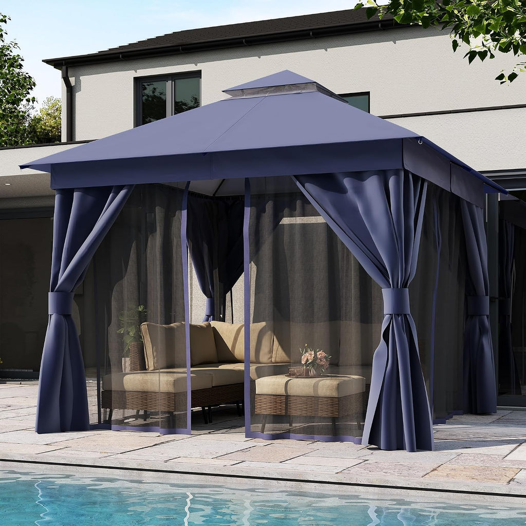 10'x10' Navy Blue Metal Outdoor Gazebo with Double Roof & Netting