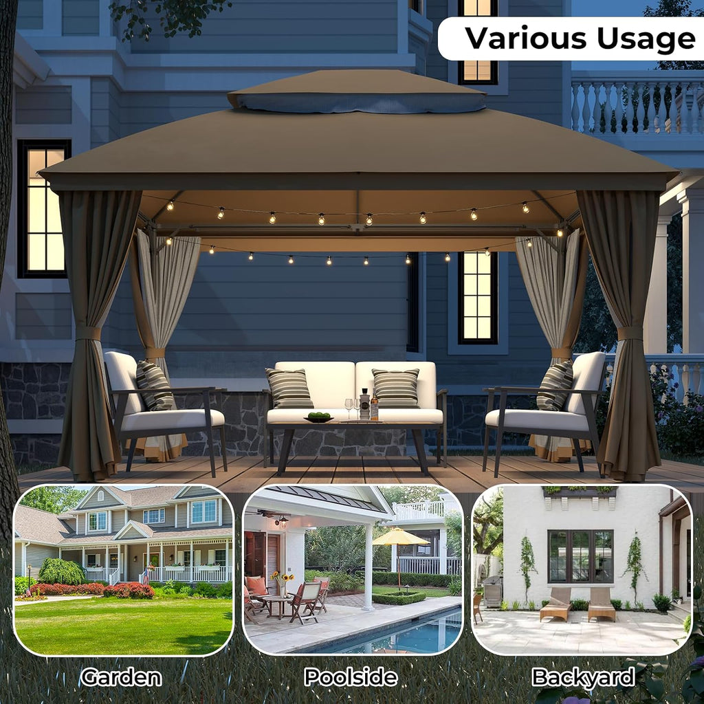 Coffee Metal Outdoor Gazebo with Netting