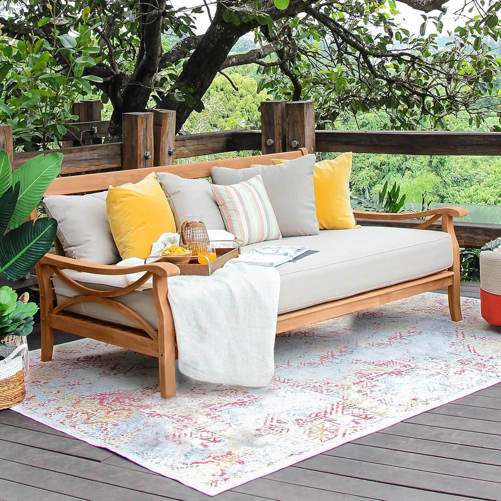 Teak Wood 3-Seater Outdoor Daybed with Beige Cushion