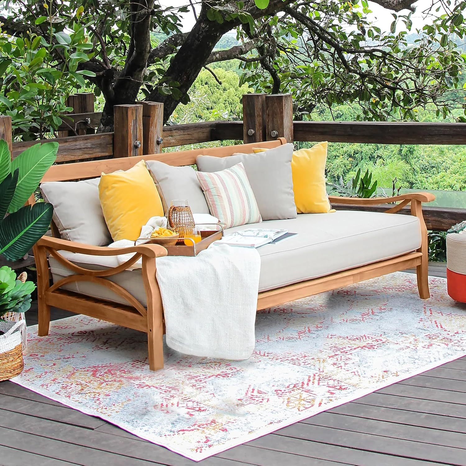Teak Wood 3-Seater Outdoor Daybed with Beige Cushion