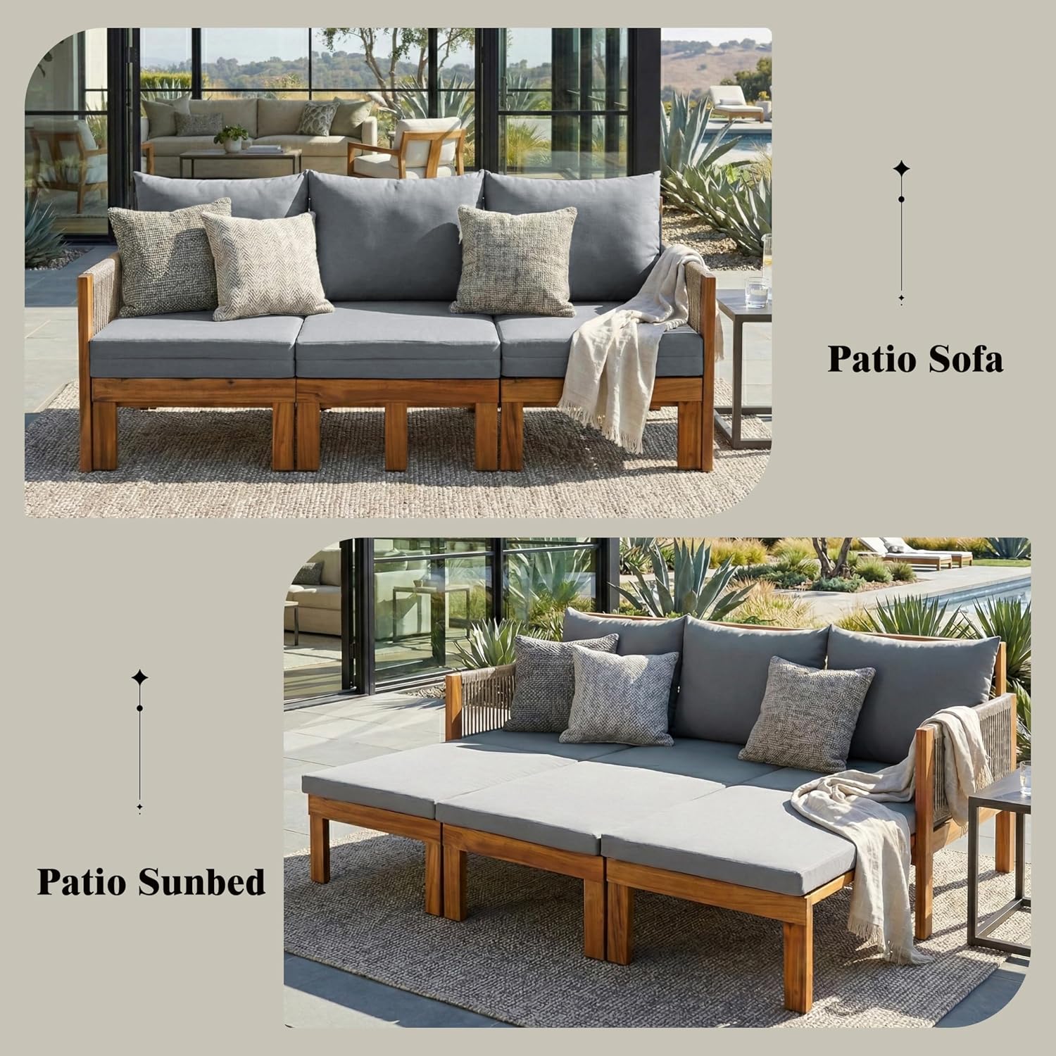 Acacia Wood Convertible Outdoor Daybed with Waterproof Cushions