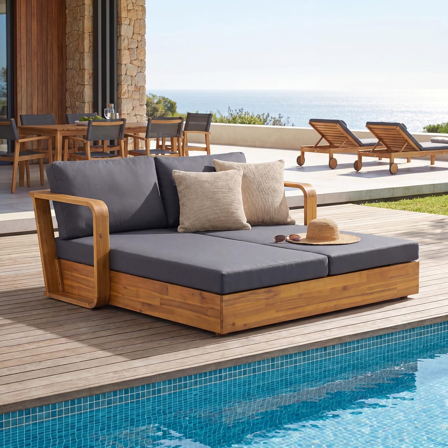 Teak Dark Gray Acacia Wood Outdoor Daybed with Cushion