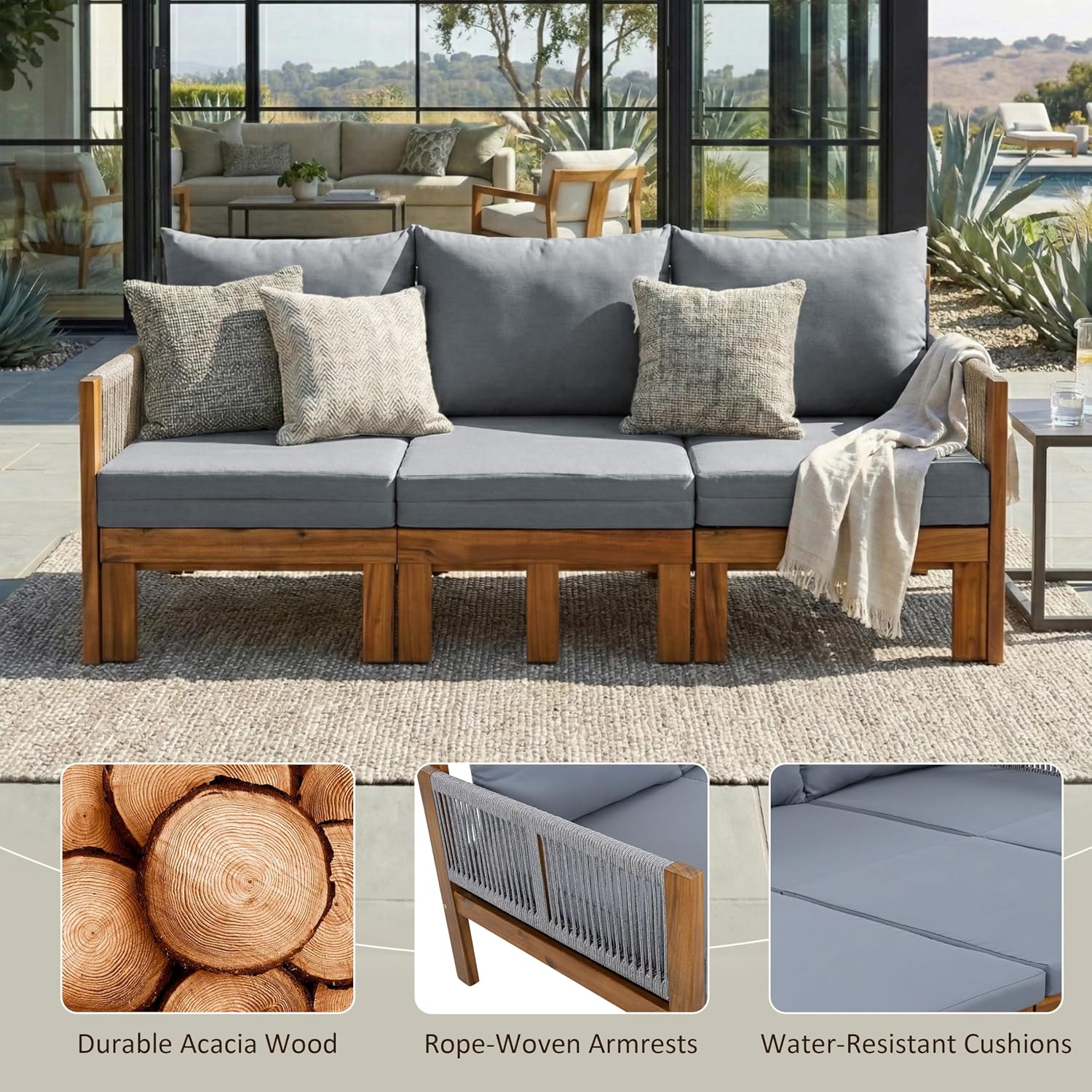Acacia Wood Convertible Outdoor Daybed with Waterproof Cushions