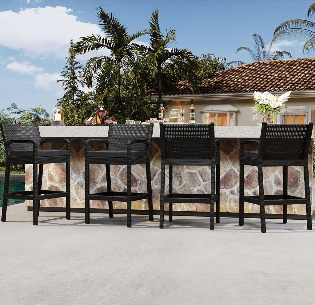 Set of 4 Black Wicker Outdoor Bar Stools with Cushions