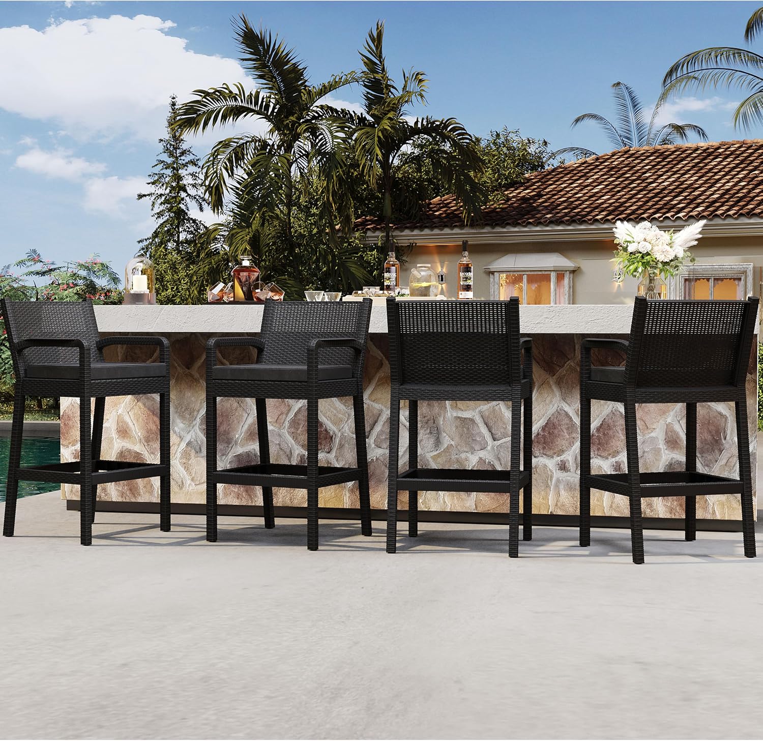 Set of 4 Black Wicker Outdoor Bar Stools with Cushions
