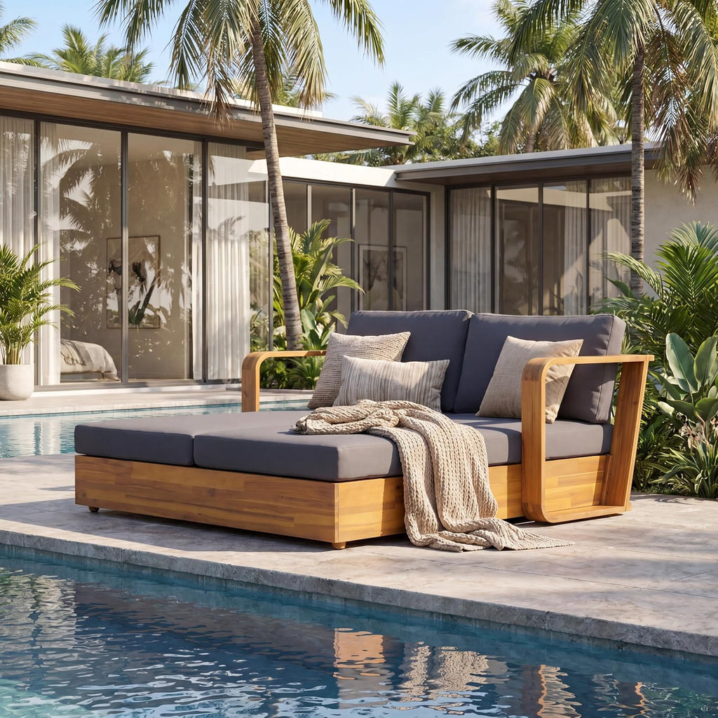 Teak Dark Gray Acacia Wood Outdoor Daybed with Cushion
