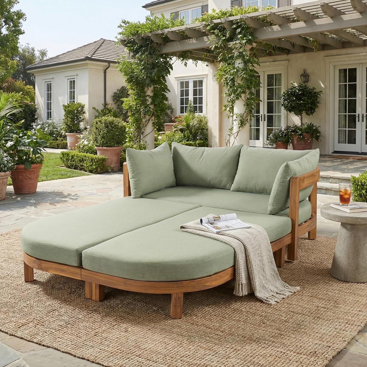 Teak Light Green Acacia Wood Outdoor Daybed with Cushion