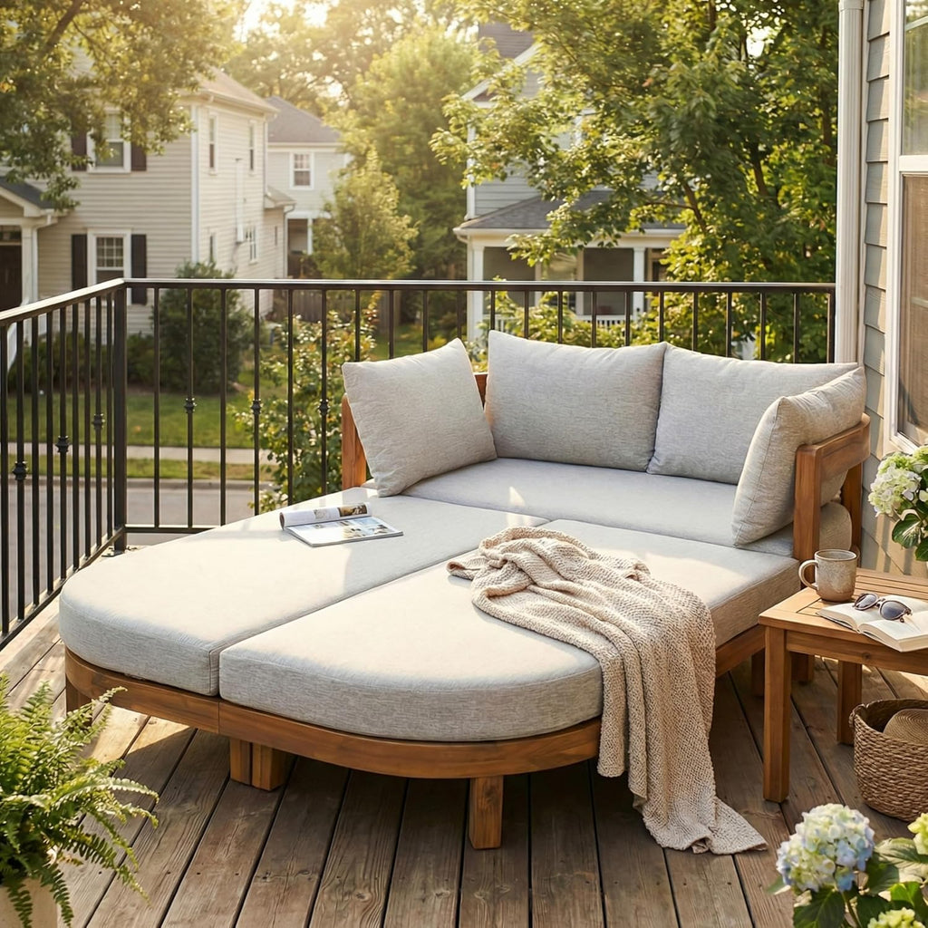 Teak Light Gray Acacia Wood Outdoor Daybed with Cushion