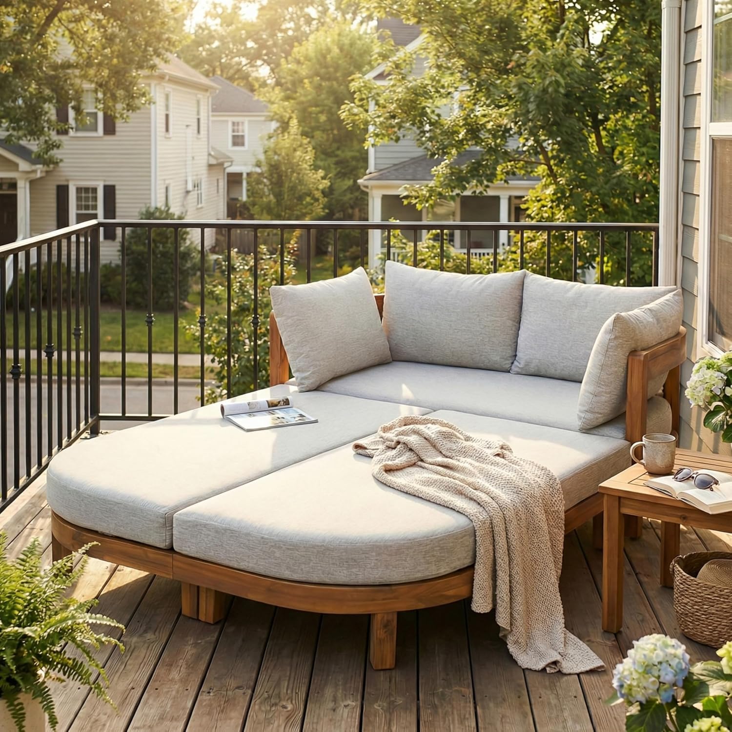 Teak Light Gray Acacia Wood Outdoor Daybed with Cushion