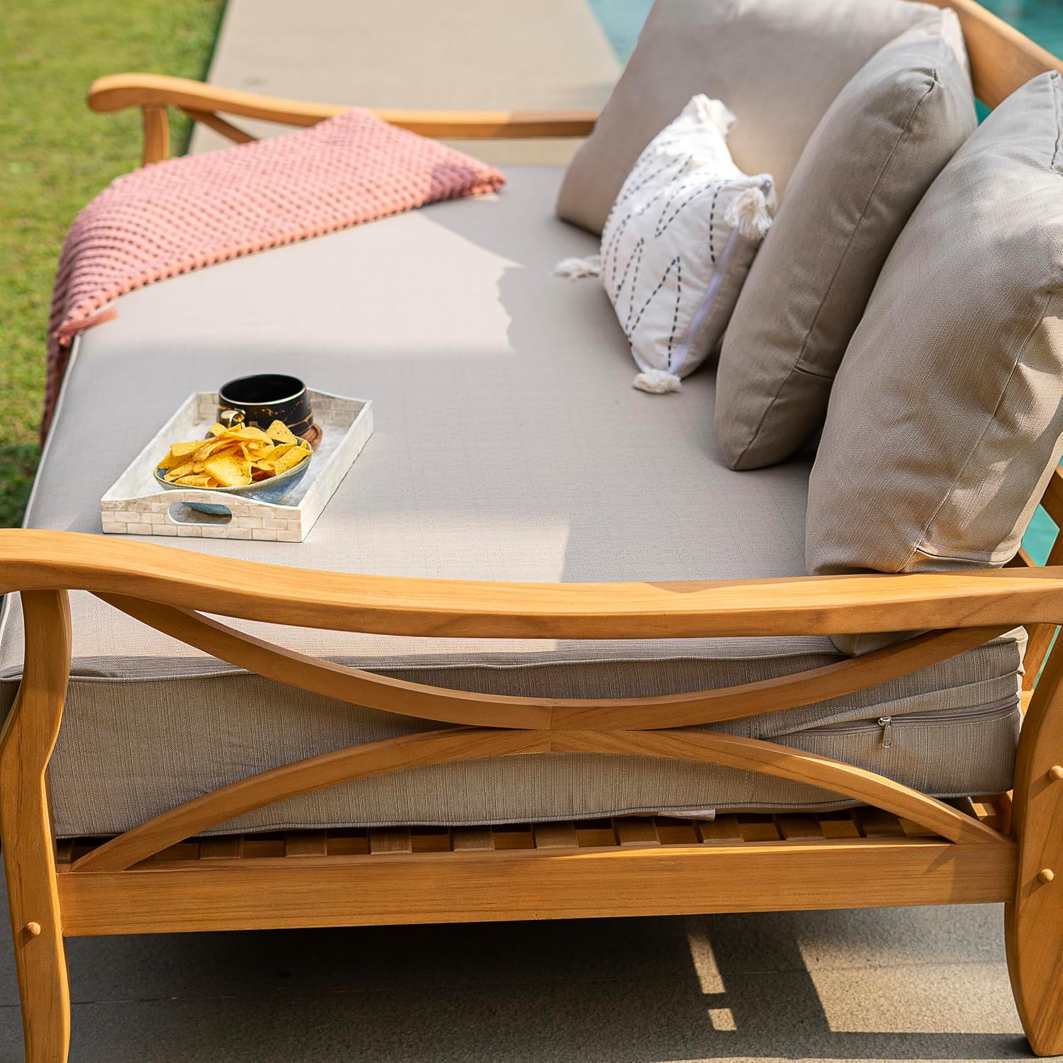 Teak Wood 3-Seater Outdoor Daybed with Beige Cushion