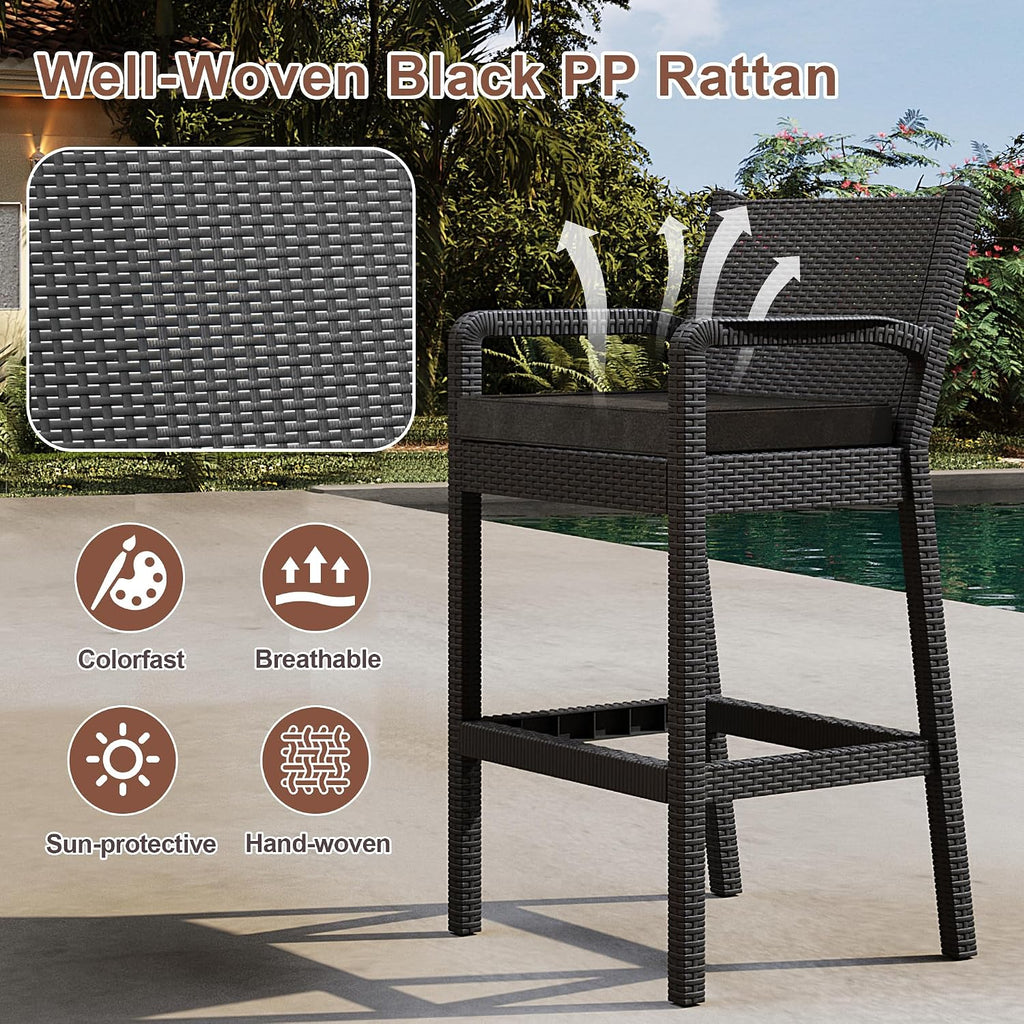 Set of 4 Black Wicker Outdoor Bar Stools with Cushions