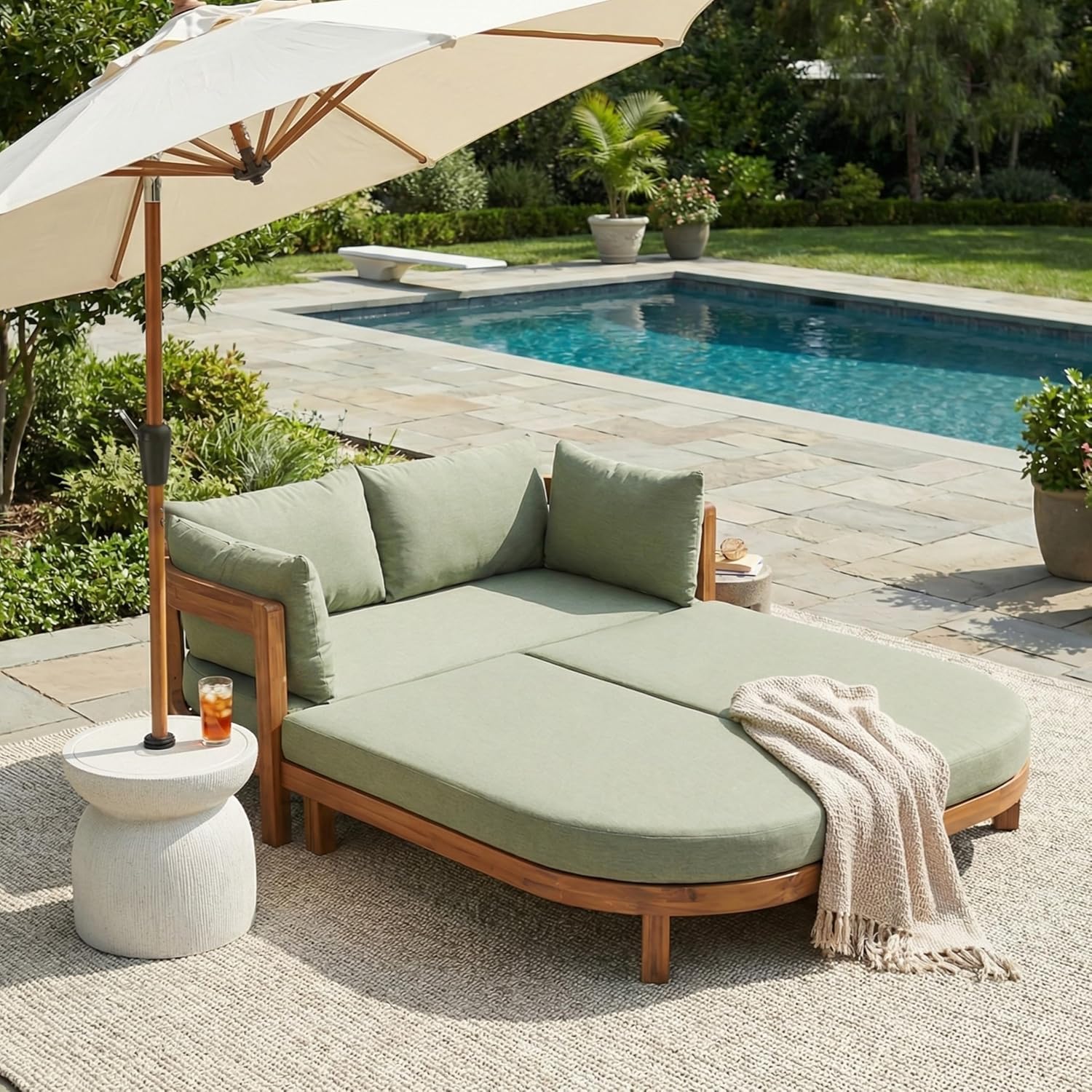Teak Light Green Acacia Wood Outdoor Daybed with Cushion