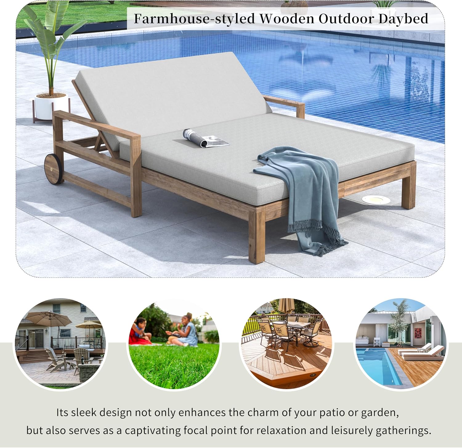 Grey Acacia Wood Outdoor Double Daybed with Cushions