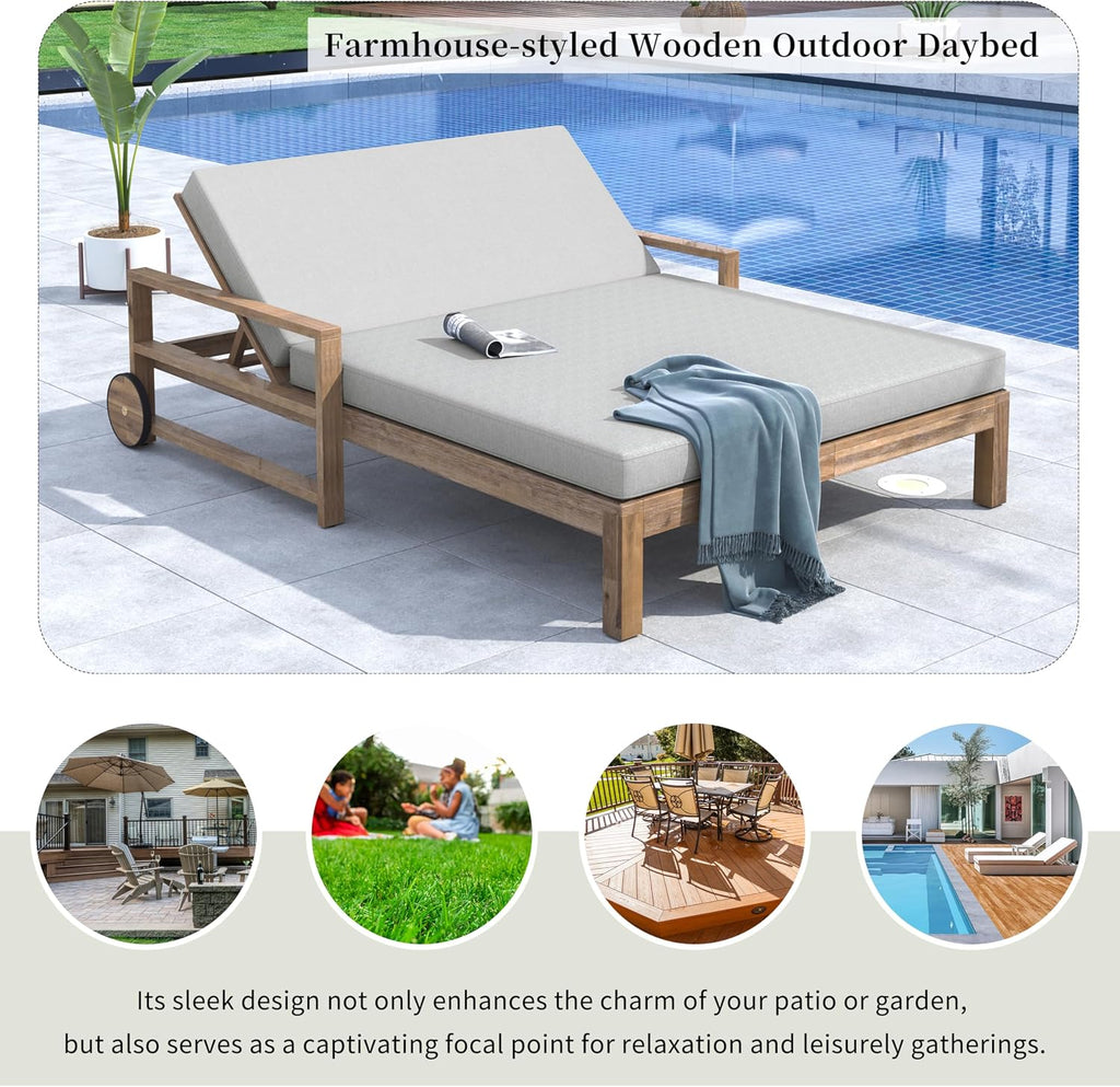 Grey Acacia Wood Adjustable Outdoor Daybed with Cushions